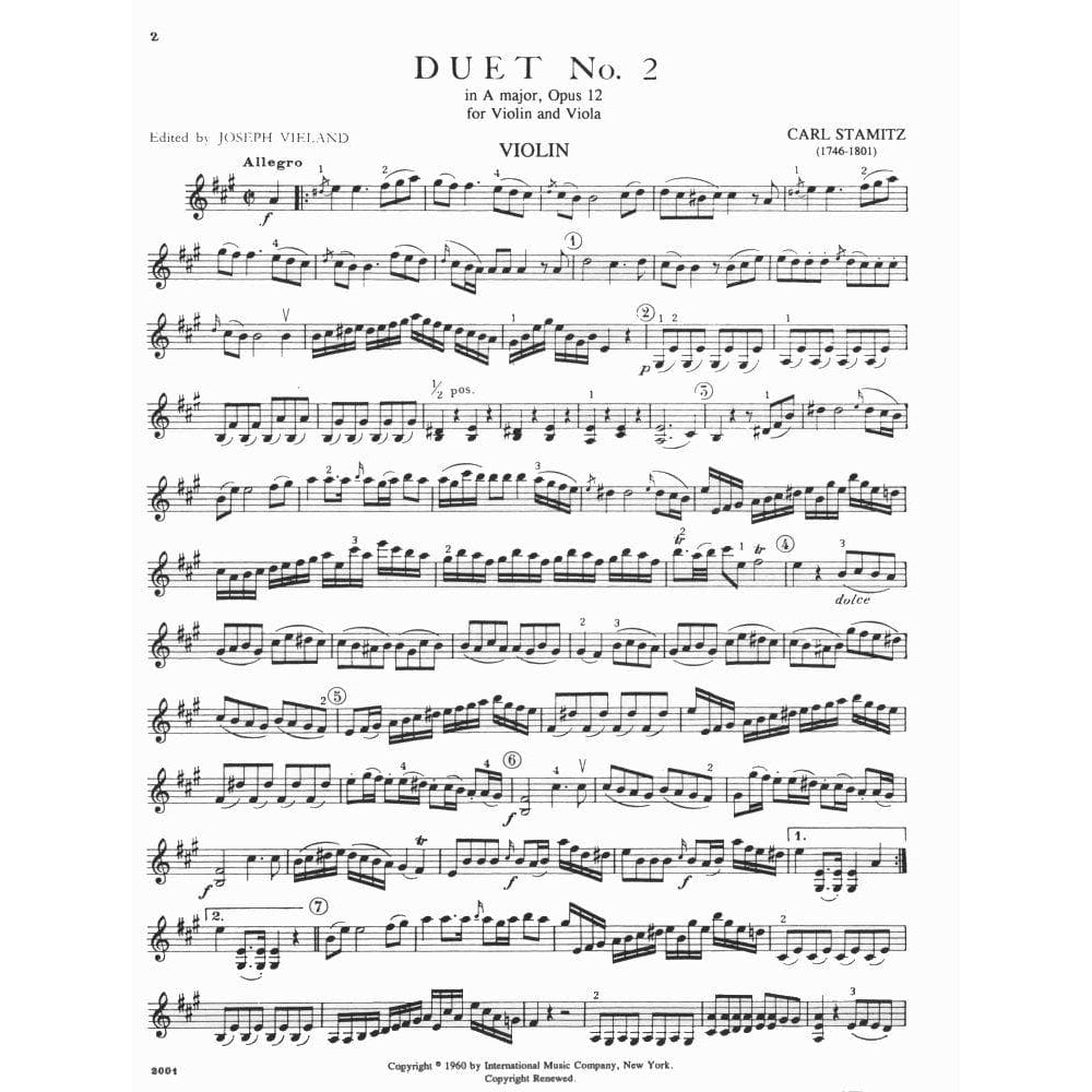 Stamitz-Duet No 2 In A Major, Op 12 For Violin and Viola Edited by Joseph Vieland Published by International Music Company