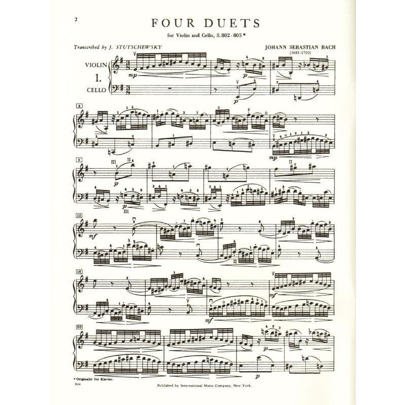 Bach, JS - 4 Duets BWV 802 805 for Violin and Cello - Arranged by Stutschewsky - International Edition