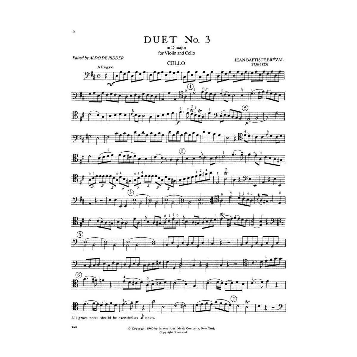Breval, Jean Baptiste - Duet in D Major Op 19 No 3 for Violin and Cello - Arranged by Ridder - International Edition