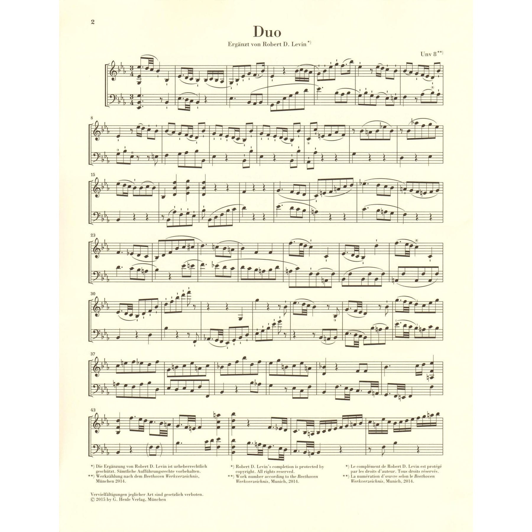 Beethoven - Duet Fragment - for Violin and Cello - edited and completed by Robert D. Levin - G Henle URTEXT