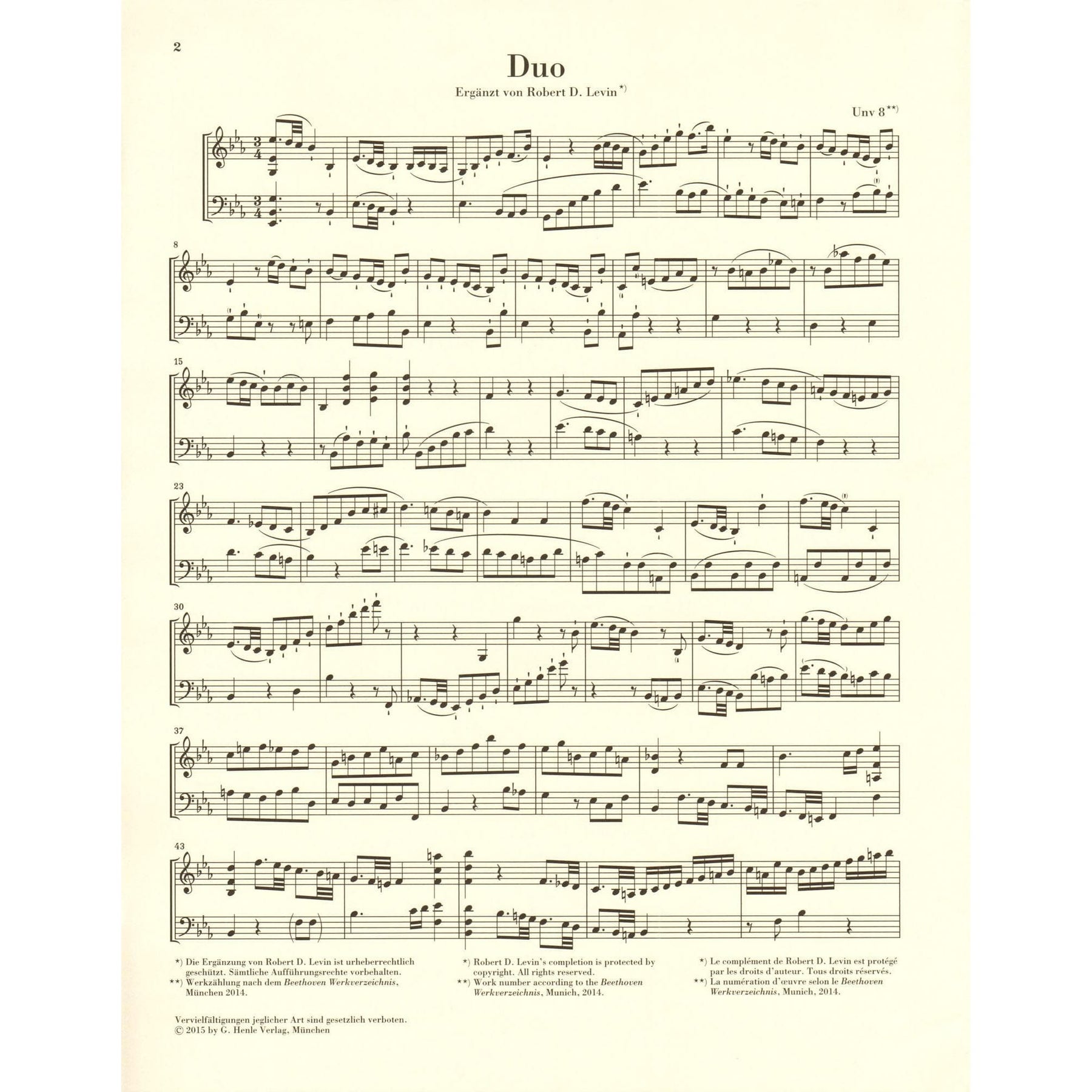 Beethoven - Duet Fragment - for Violin and Cello - edited and completed by Robert D. Levin - G Henle URTEXT