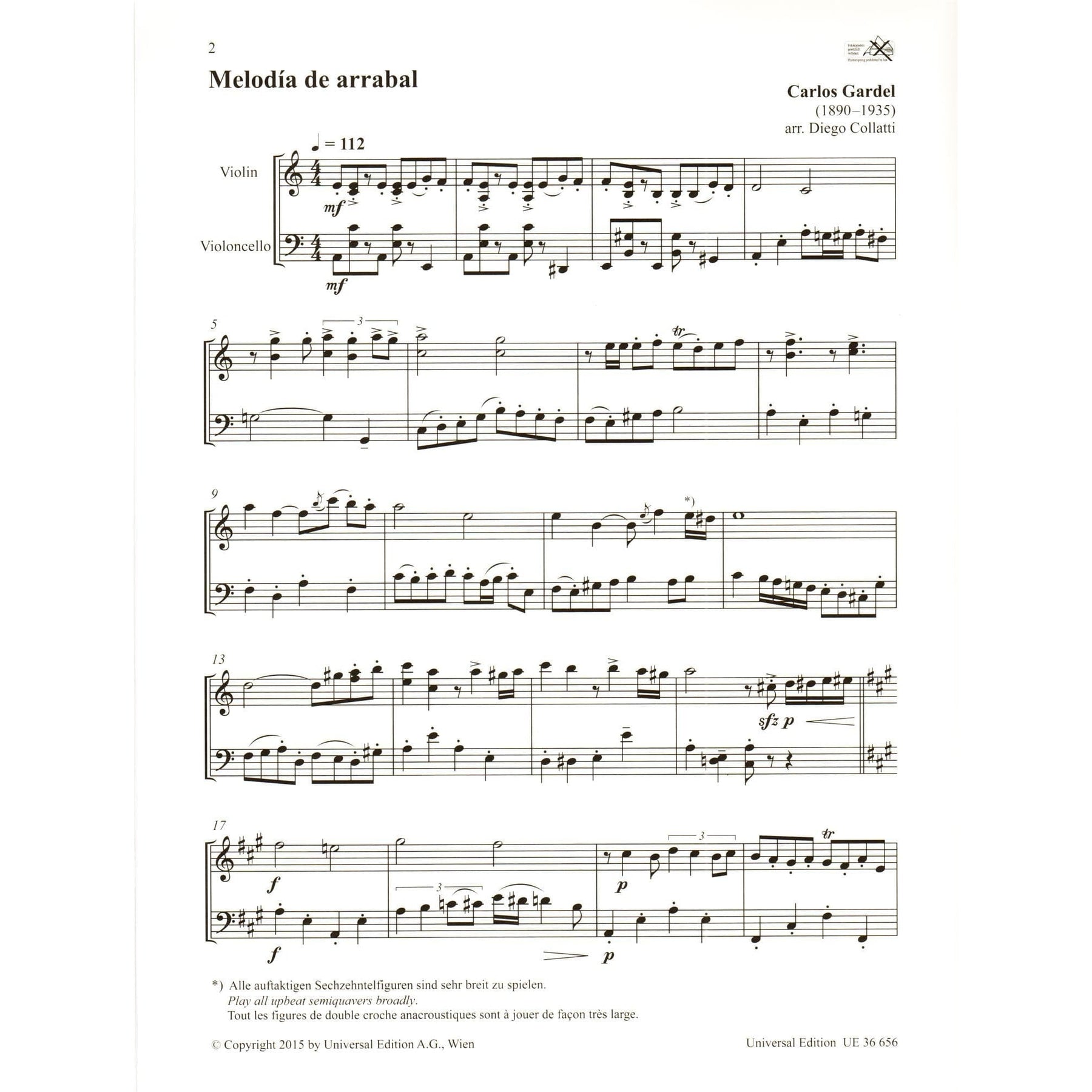 Carlos Gardel - Tango Duets - for Violin and Cello (or Viola) - arranged by Diego Collatti - Universal Edition