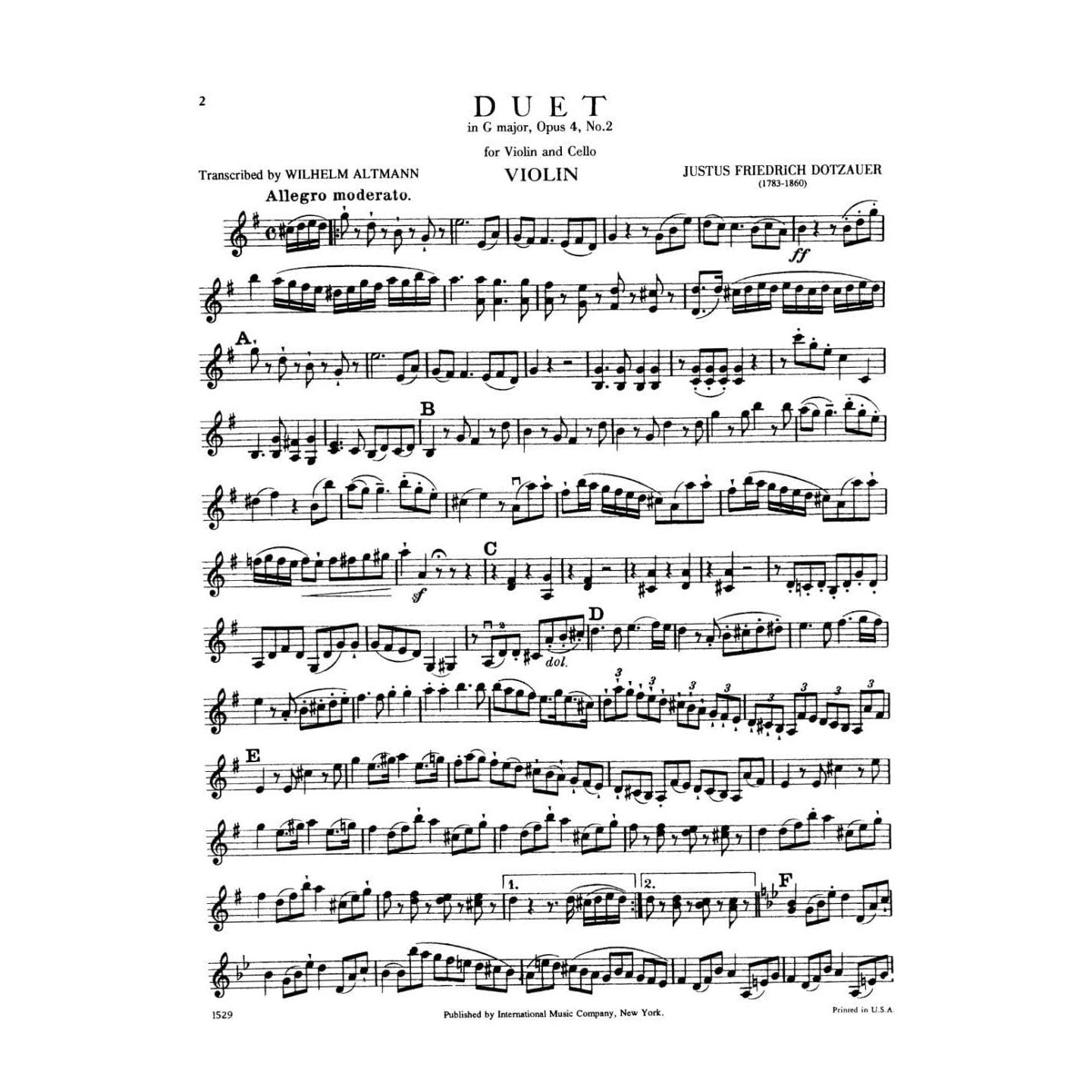 Dotzauer, J Friedrich - Duet In G Major, Op 4, No 2 - Violin and Cello - edited by Wilhelm Altmann - International Edition