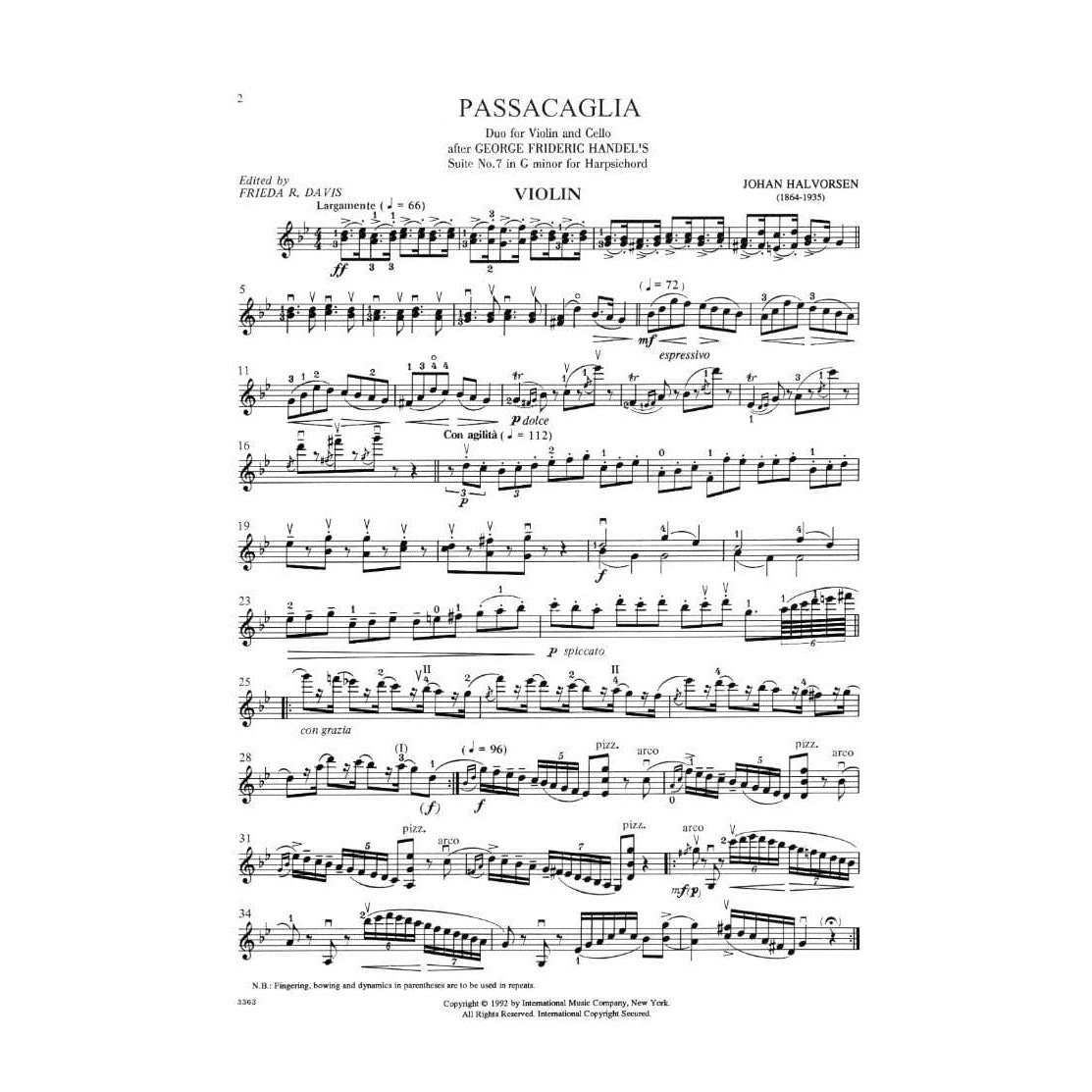 Handel/Halvorsen - Passacaglia - Violin and Cello - Score and Parts - edited by Frieda R Davis and Nathan Stutch - International Edition