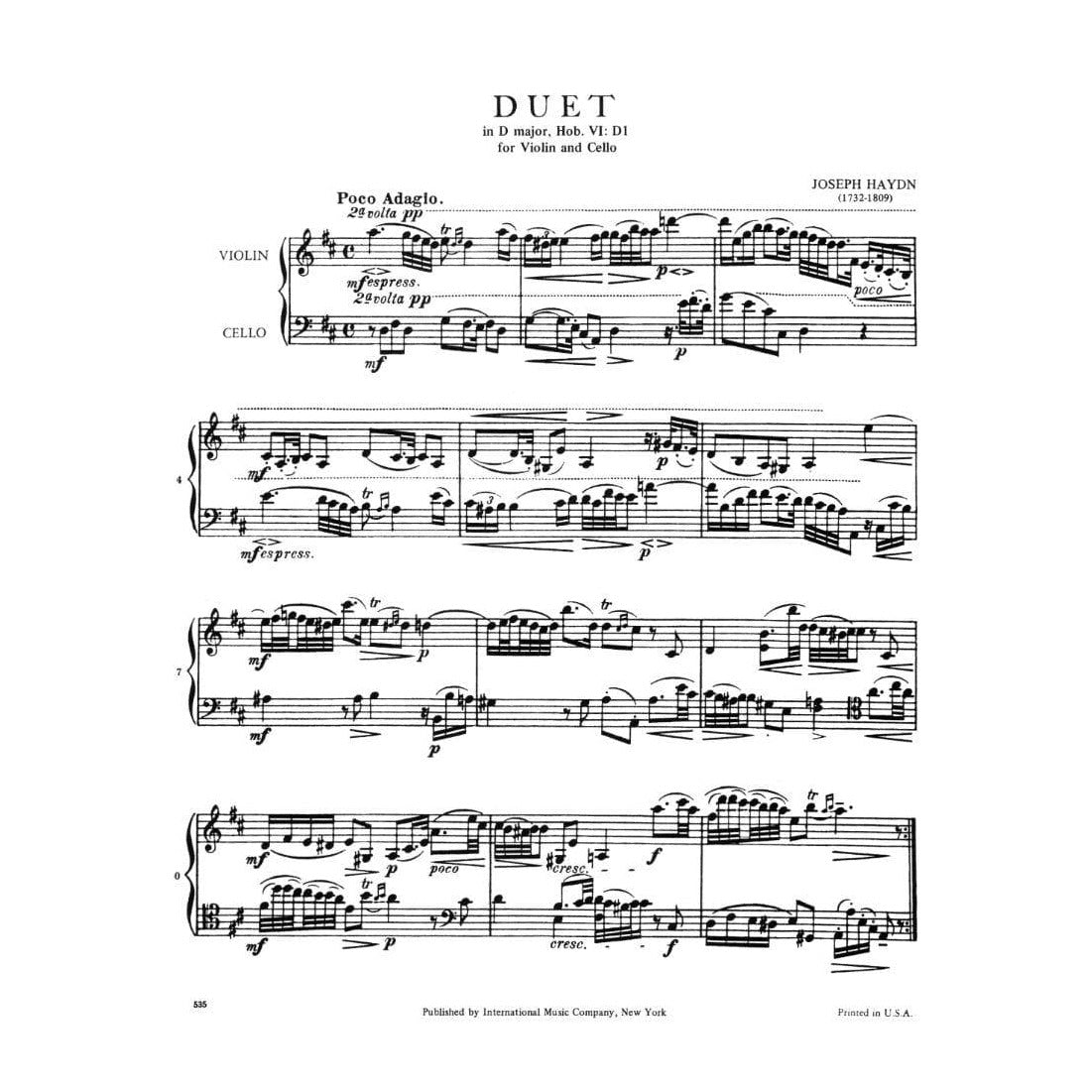 Haydn, Franz Joseph - Duet in D Major, Hob VI:D1 - Violin and Cello - International Edition