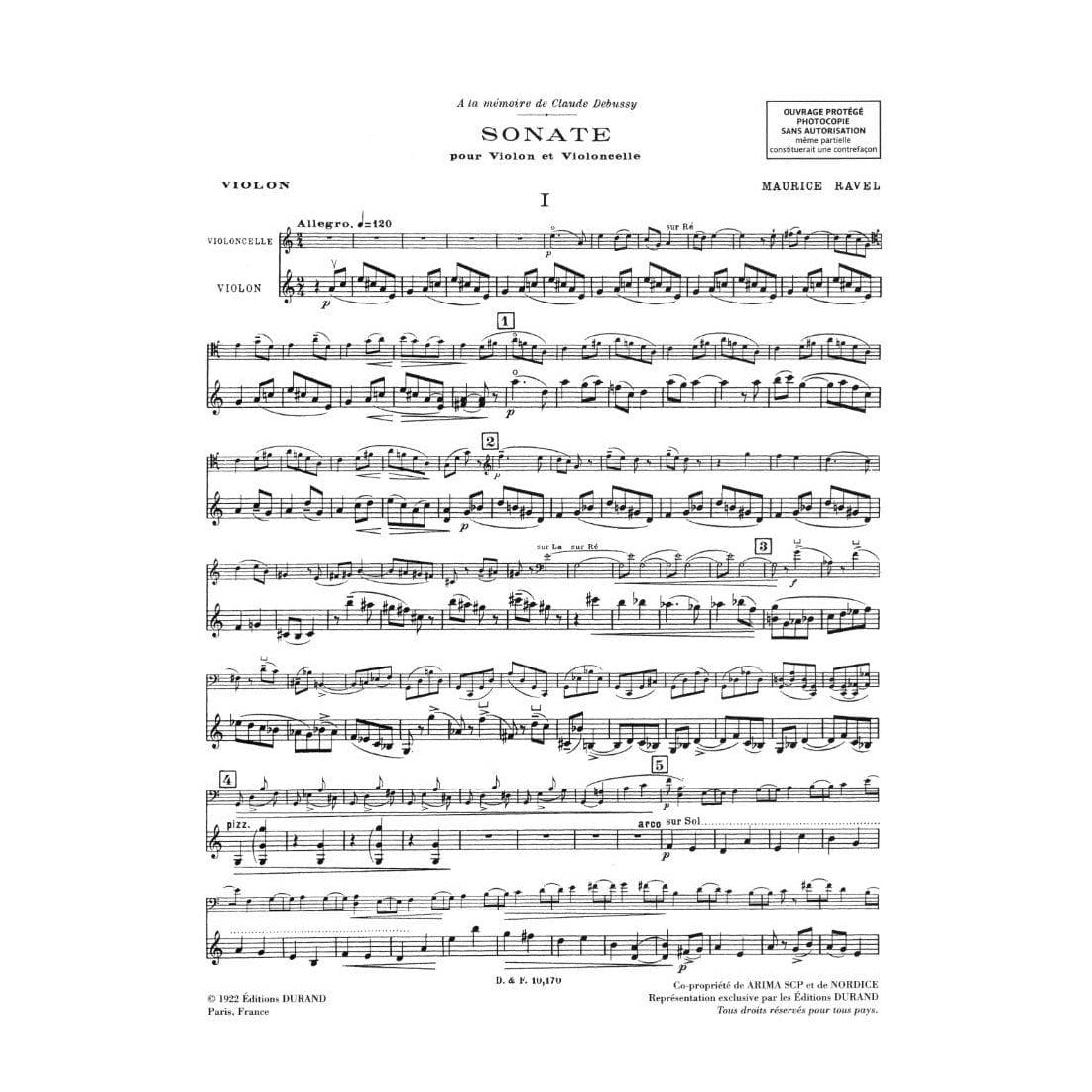 Ravel, Maurice - Sonata ( 1920 - 22 ) for Violin and Cello Includes Parts Published by Editions Durand