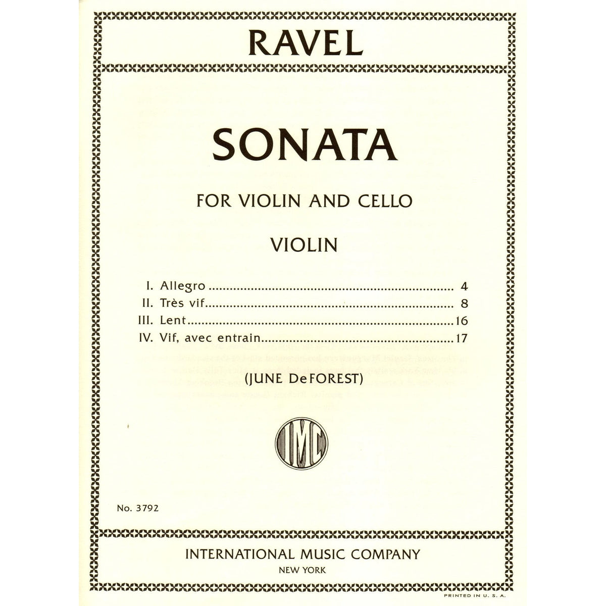 Ravel, Maurice - Sonata for Violin and Cello - edited by June DeForest - International Music Company