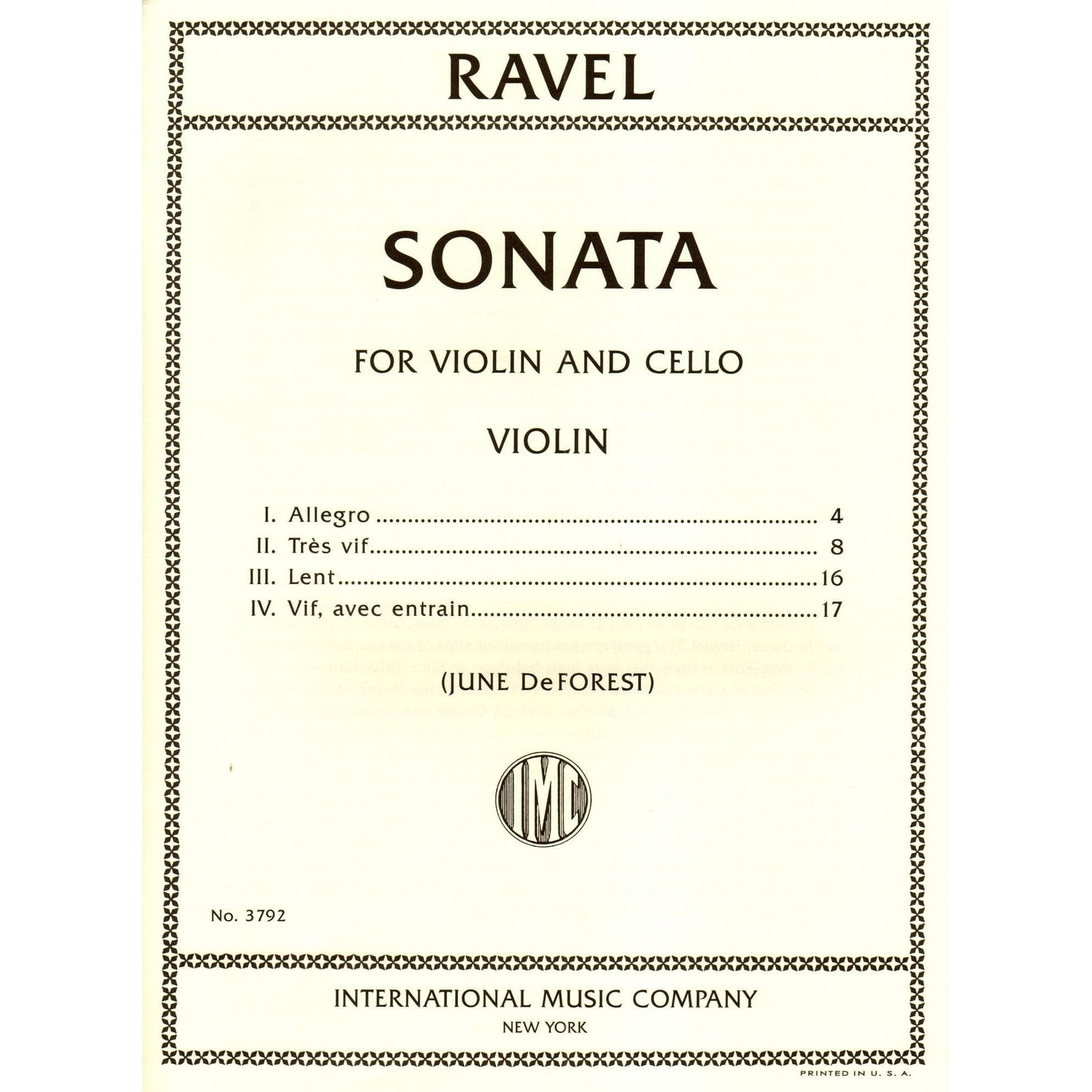 Ravel, Maurice - Sonata for Violin and Cello - edited by June DeForest - International Music Company