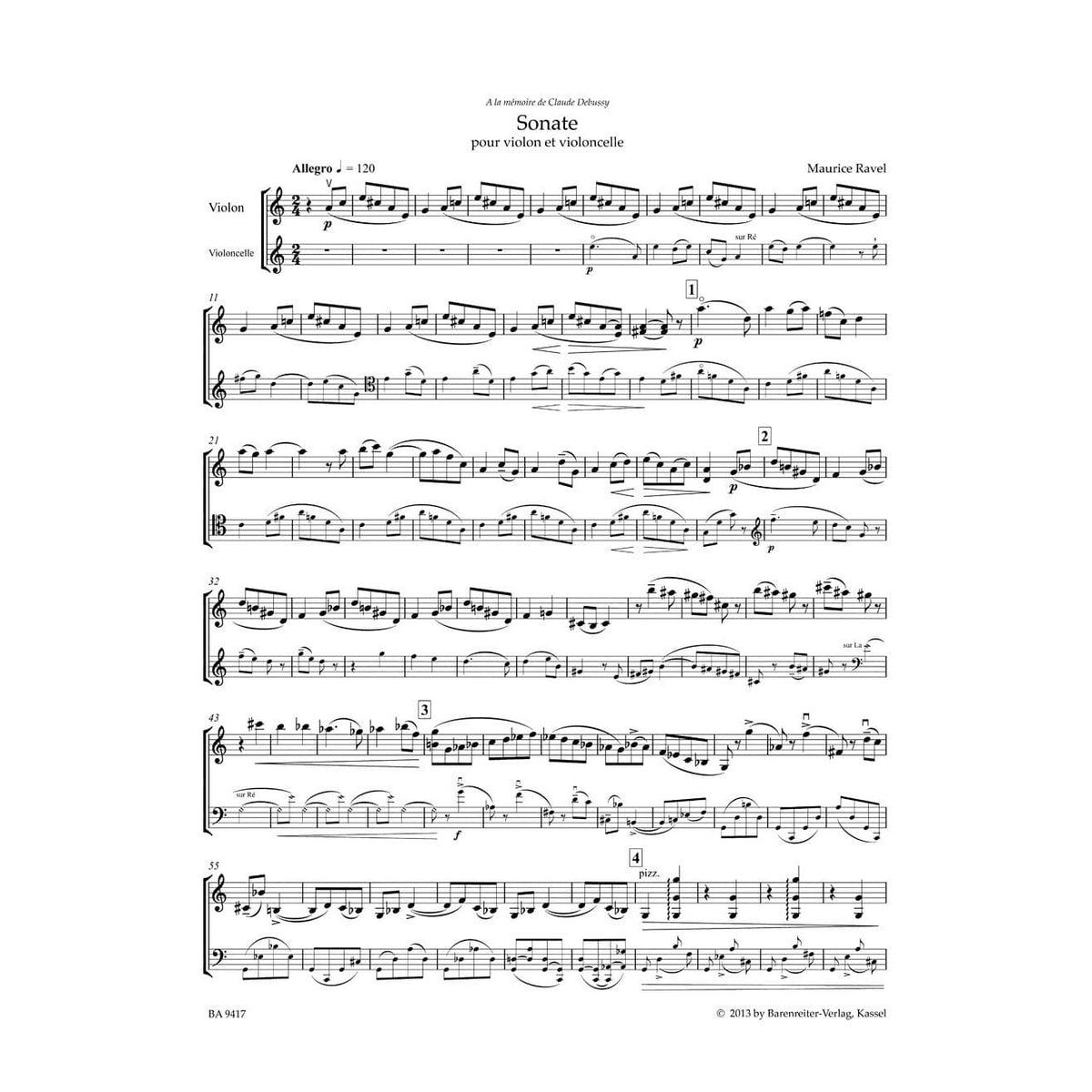 Ravel, Maurice - Sonata in Four Parts for Violin and Cello - edited by Douglas Woodfull-Harris - Bärenreiter