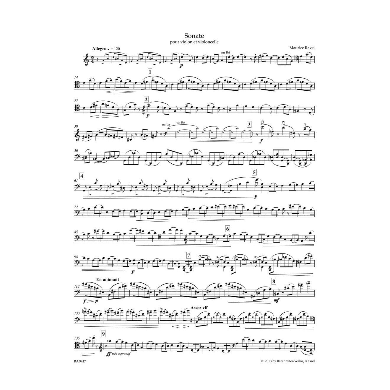 Ravel, Maurice - Sonata in Four Parts for Violin and Cello - edited by Douglas Woodfull-Harris - Bärenreiter