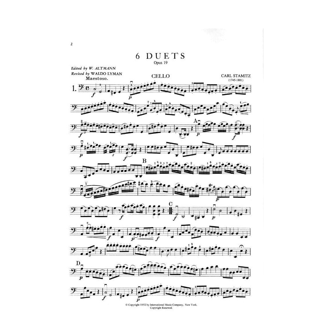 Stamitz - Six Duets Op 19 - for Violin and Cello Published by International Music Company