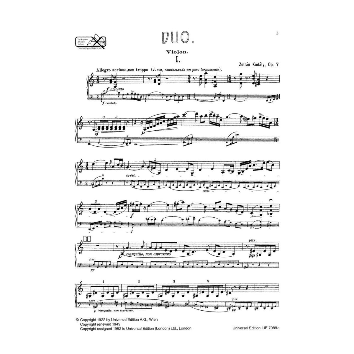 Kodály, Zoltán - Duo, Op 7 (1914) - Violin and Cello - Universal Edition