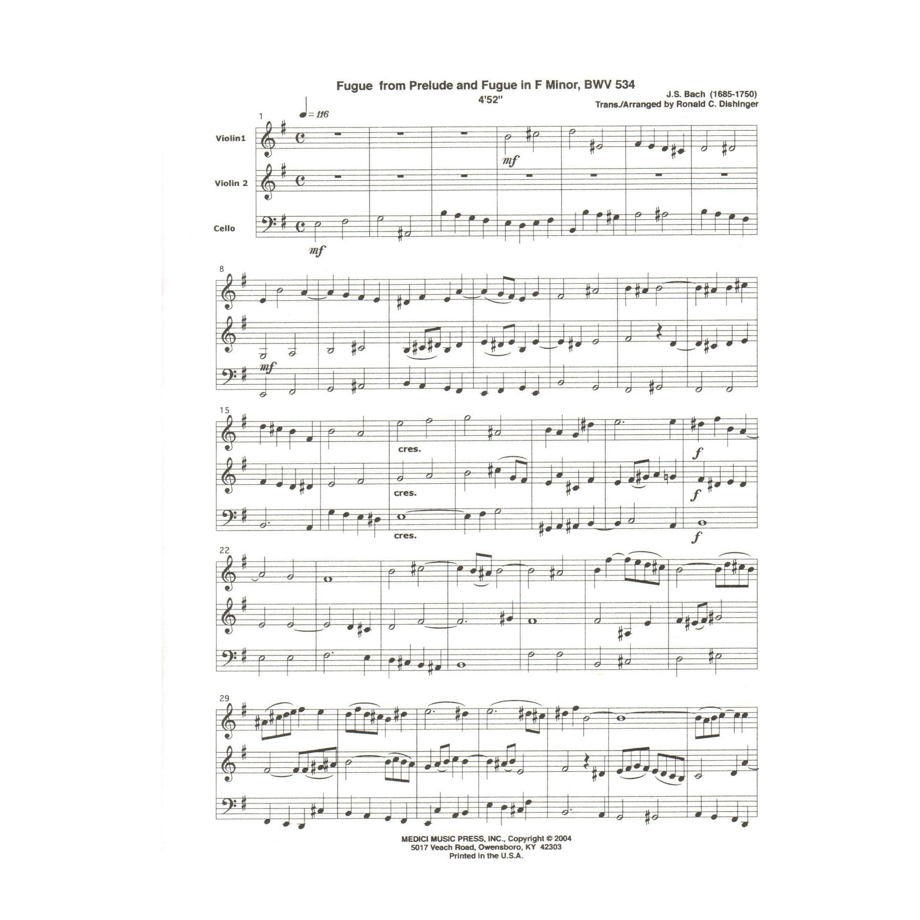 Bach, J.S. - Fugue from Prelude and Fugue (BWV 534) - for Two Violins and Cello - arranged by Dishinger - Medici Music Press