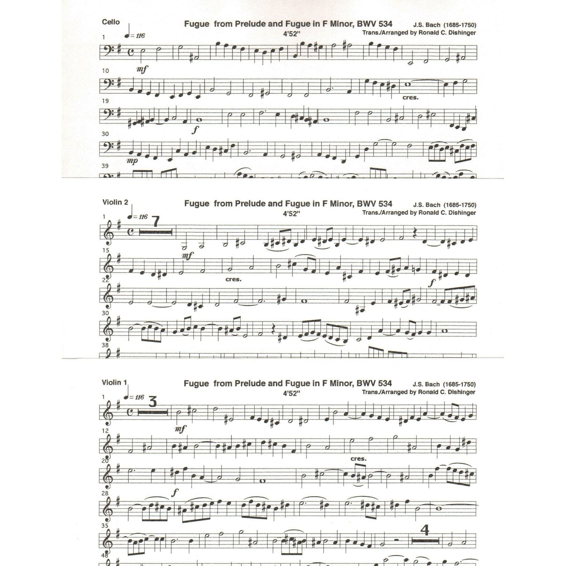Bach, J.S. - Fugue from Prelude and Fugue (BWV 534) - for Two Violins and Cello - arranged by Dishinger - Medici Music Press