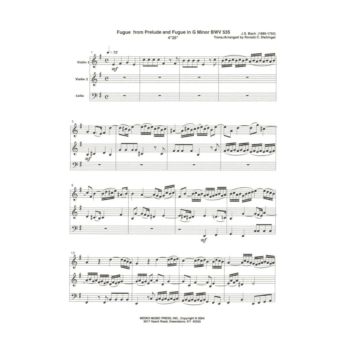 Bach, J.S. - Fugue from Prelude and Fugue (BWV 535) - for Two Violins and Cello - arranged by Dishinger - Medici Music Press