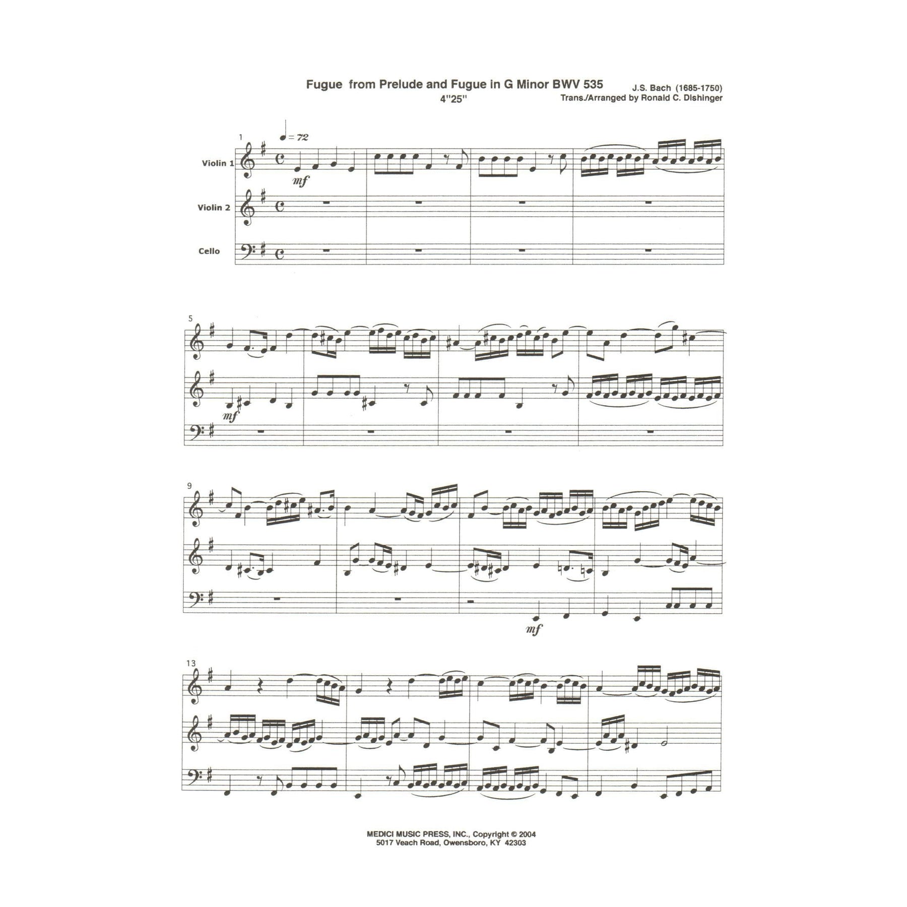 Bach, J.S. - Fugue from Prelude and Fugue (BWV 535) - for Two Violins and Cello - arranged by Dishinger - Medici Music Press