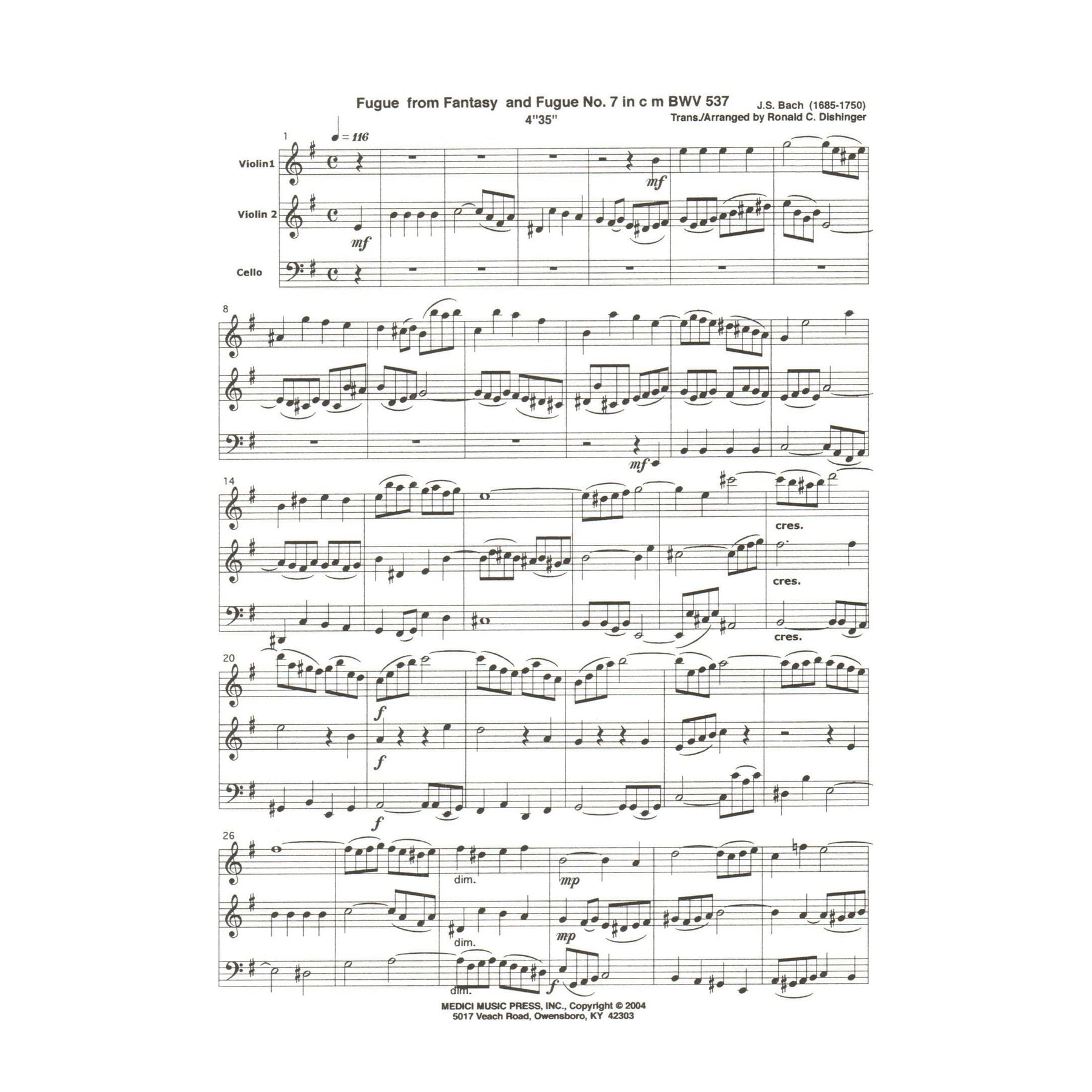 Bach, J.S. - Fugue from Prelude and Fugue (BWV 537) - for Two Violins and Cello - arranged by Dishinger - Medici Music Press