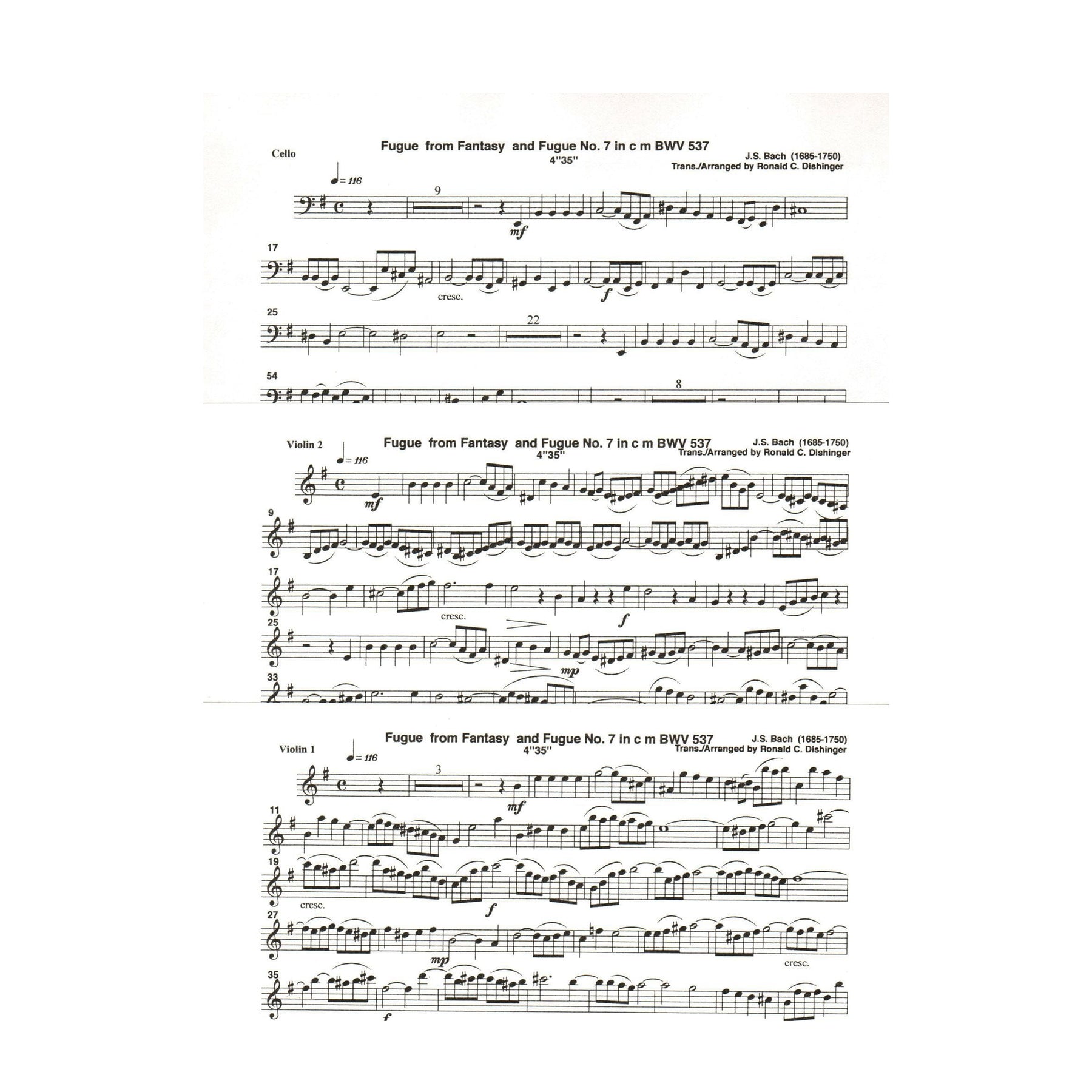 Bach, J.S. - Fugue from Prelude and Fugue (BWV 537) - for Two Violins and Cello - arranged by Dishinger - Medici Music Press