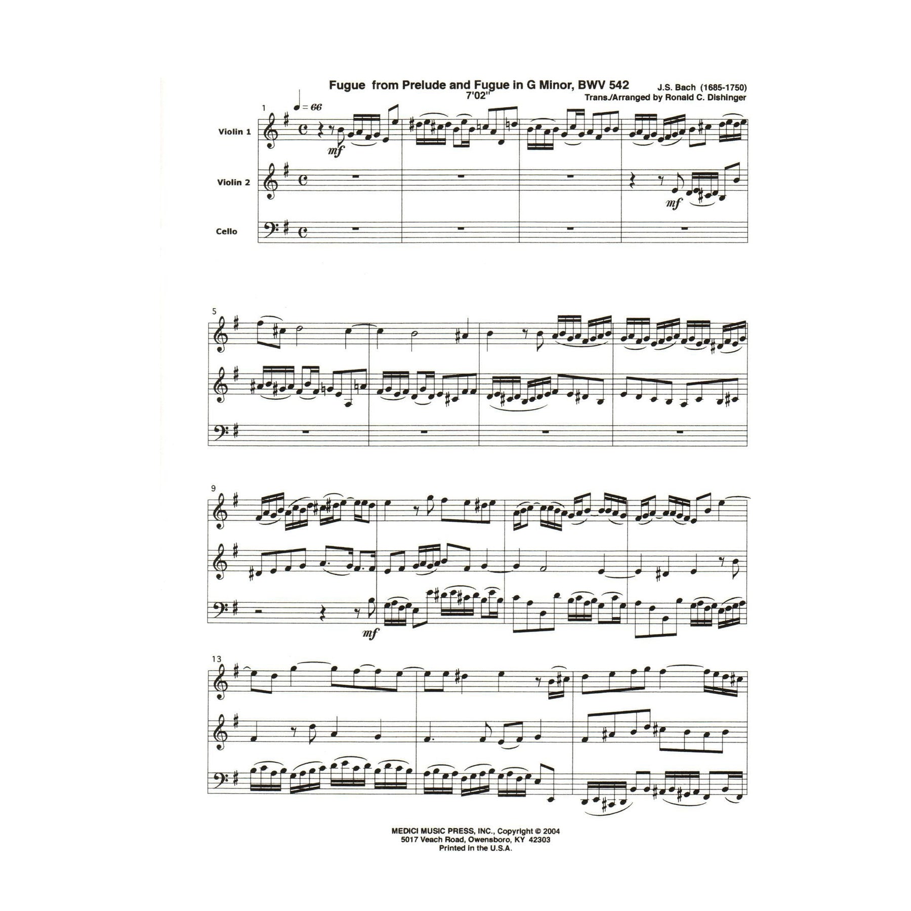 Bach, J.S. - Fugue from Prelude and Fugue (BWV 542) - for Two Violins and Cello - arranged by Dishinger - Medici Music Press