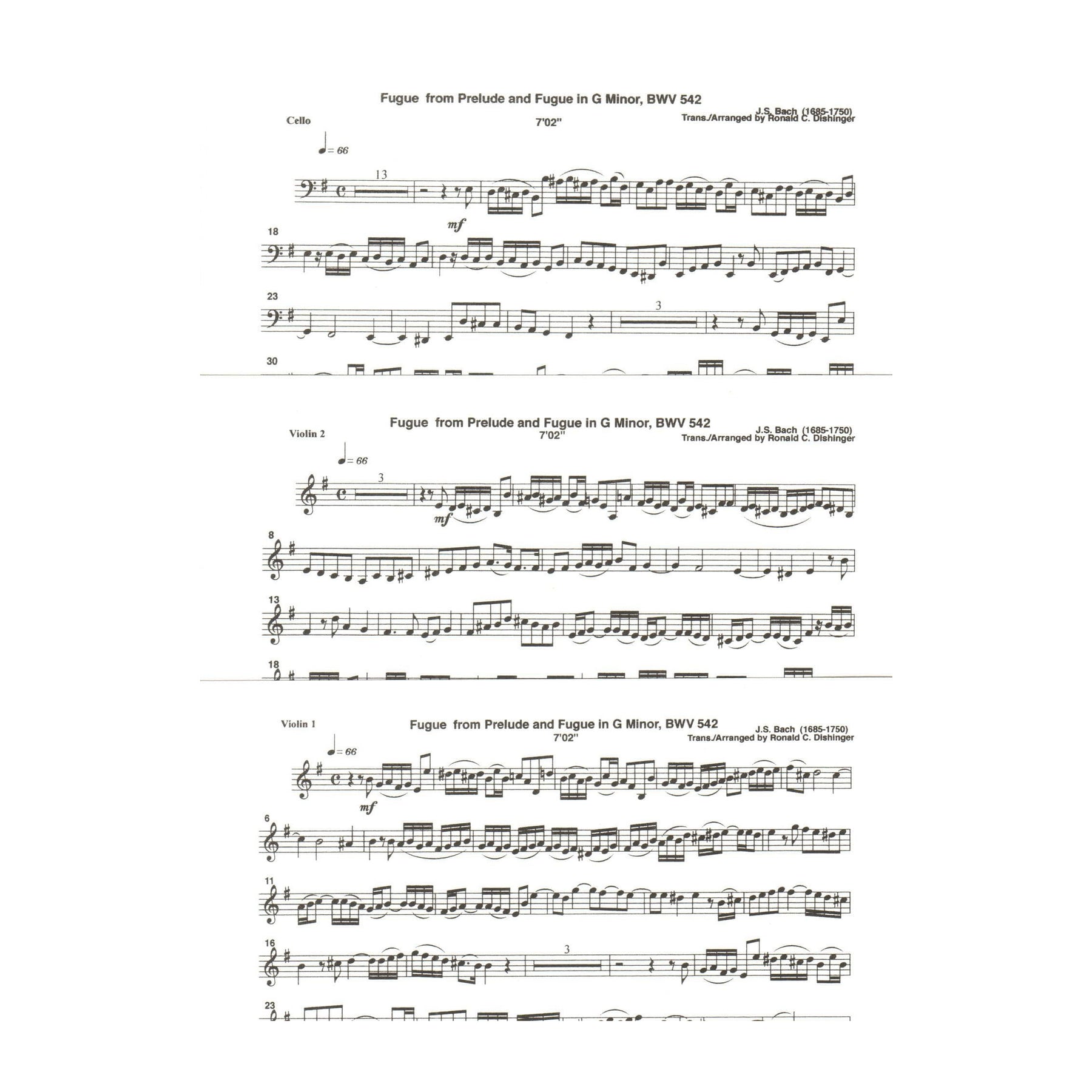 Bach, J.S. - Fugue from Prelude and Fugue (BWV 542) - for Two Violins and Cello - arranged by Dishinger - Medici Music Press