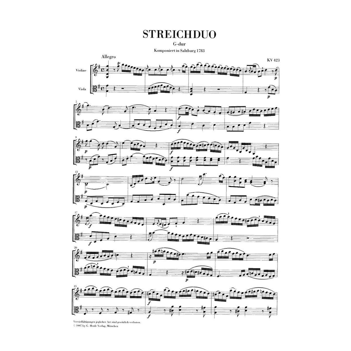 Mozart, WA - String Duos, K 423 and 424 - Violin and Viola - edited by Anja Bensieck - G Henle Verlag URTEXT