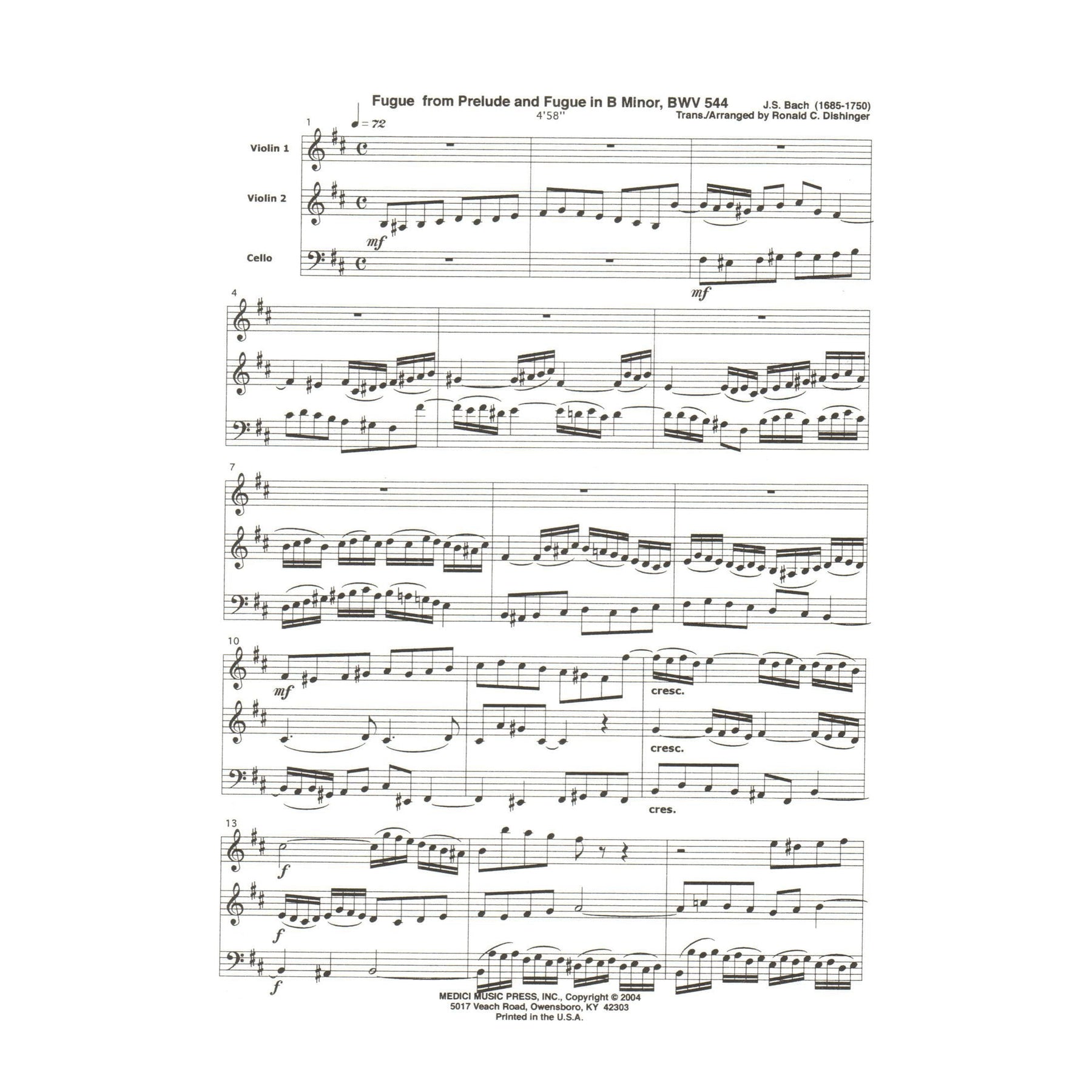 Bach, J.S. - Fugue from Prelude and Fugue in B Minor (BWV 544) - for Two Violins and Cello - arranged by Dishinger - Medici Music Press