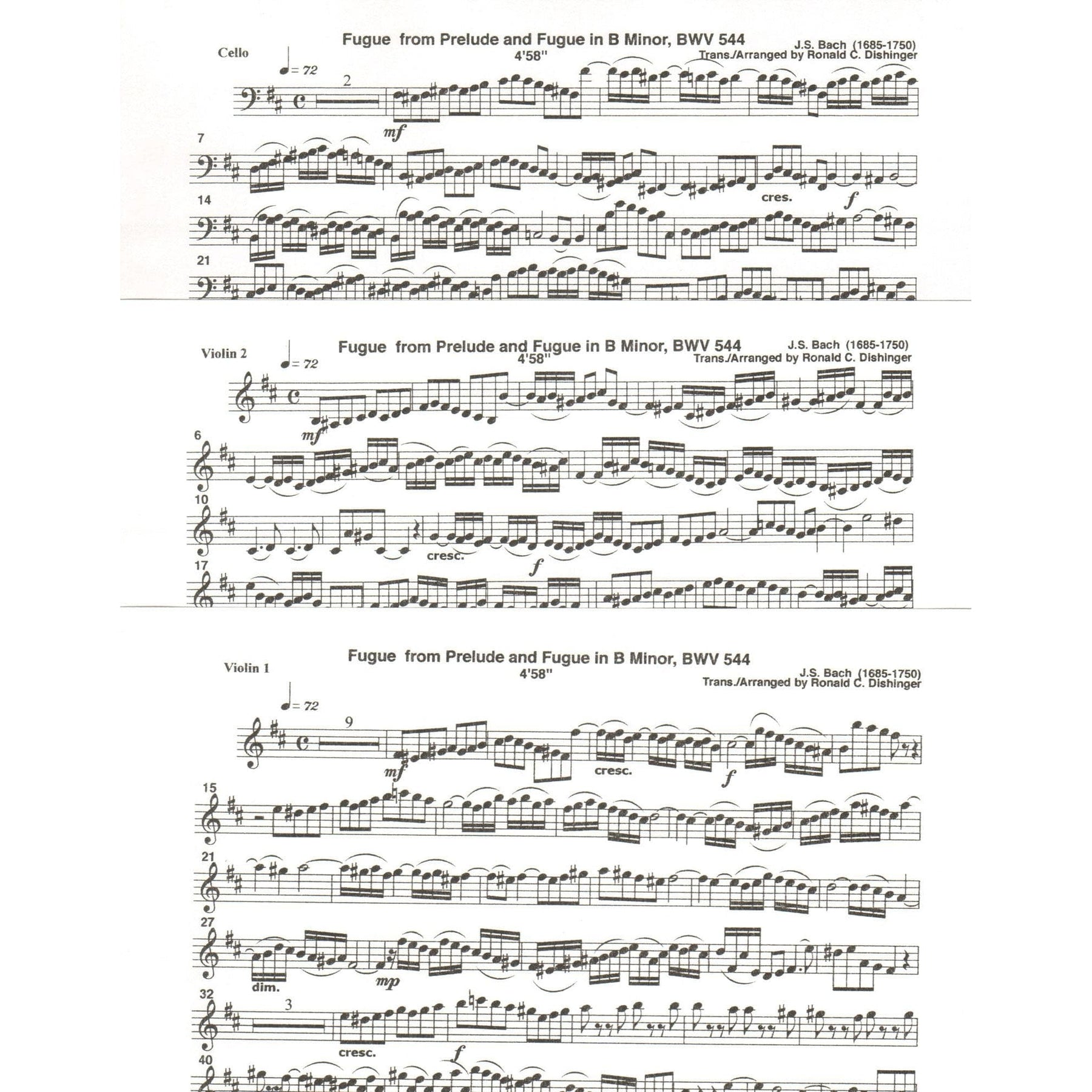 Bach, J.S. - Fugue from Prelude and Fugue in B Minor (BWV 544) - for Two Violins and Cello - arranged by Dishinger - Medici Music Press