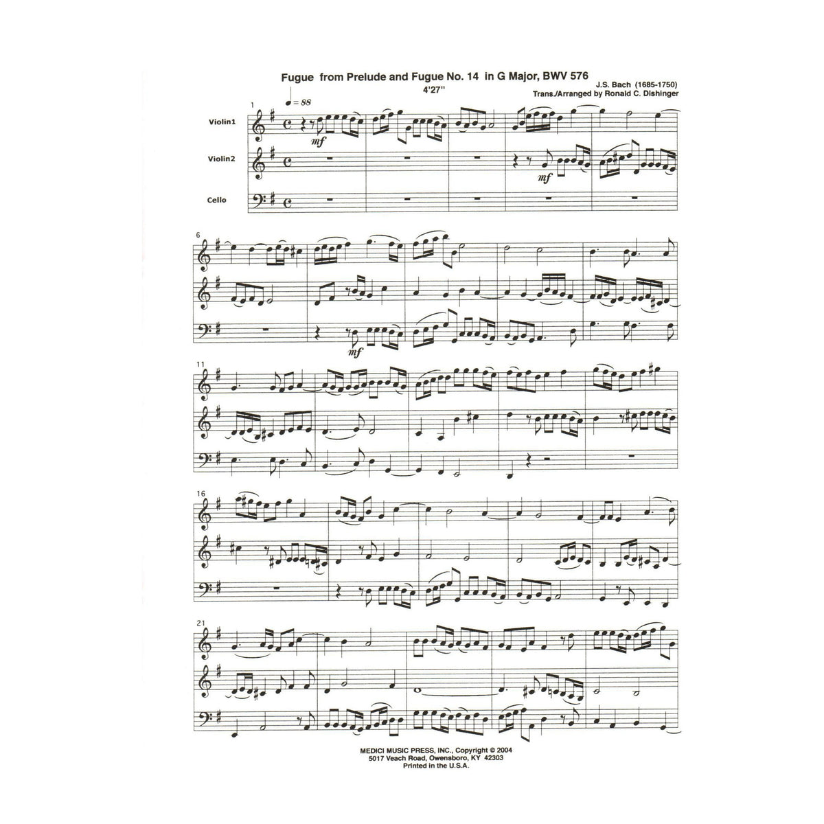 Bach, J.S. - Fugue from Prelude and Fugue in G Major (BWV 576) - for Two Violins and Cello - arranged by Dishinger - Medici Music Press