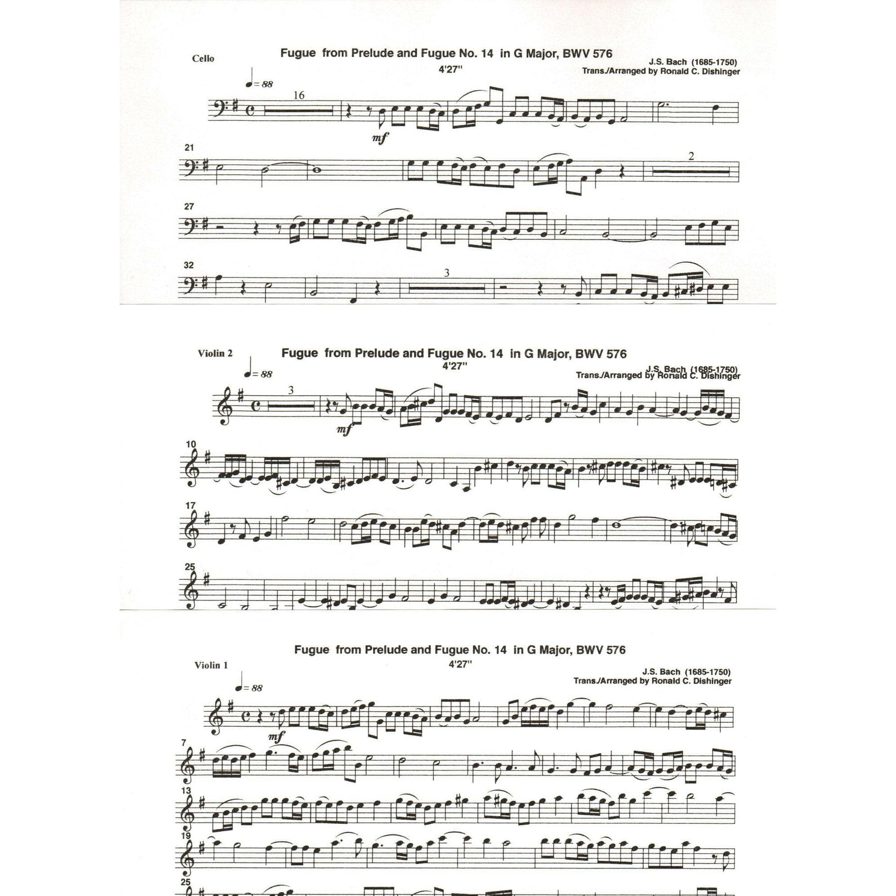Bach, J.S. - Fugue from Prelude and Fugue in G Major (BWV 576) - for Two Violins and Cello - arranged by Dishinger - Medici Music Press
