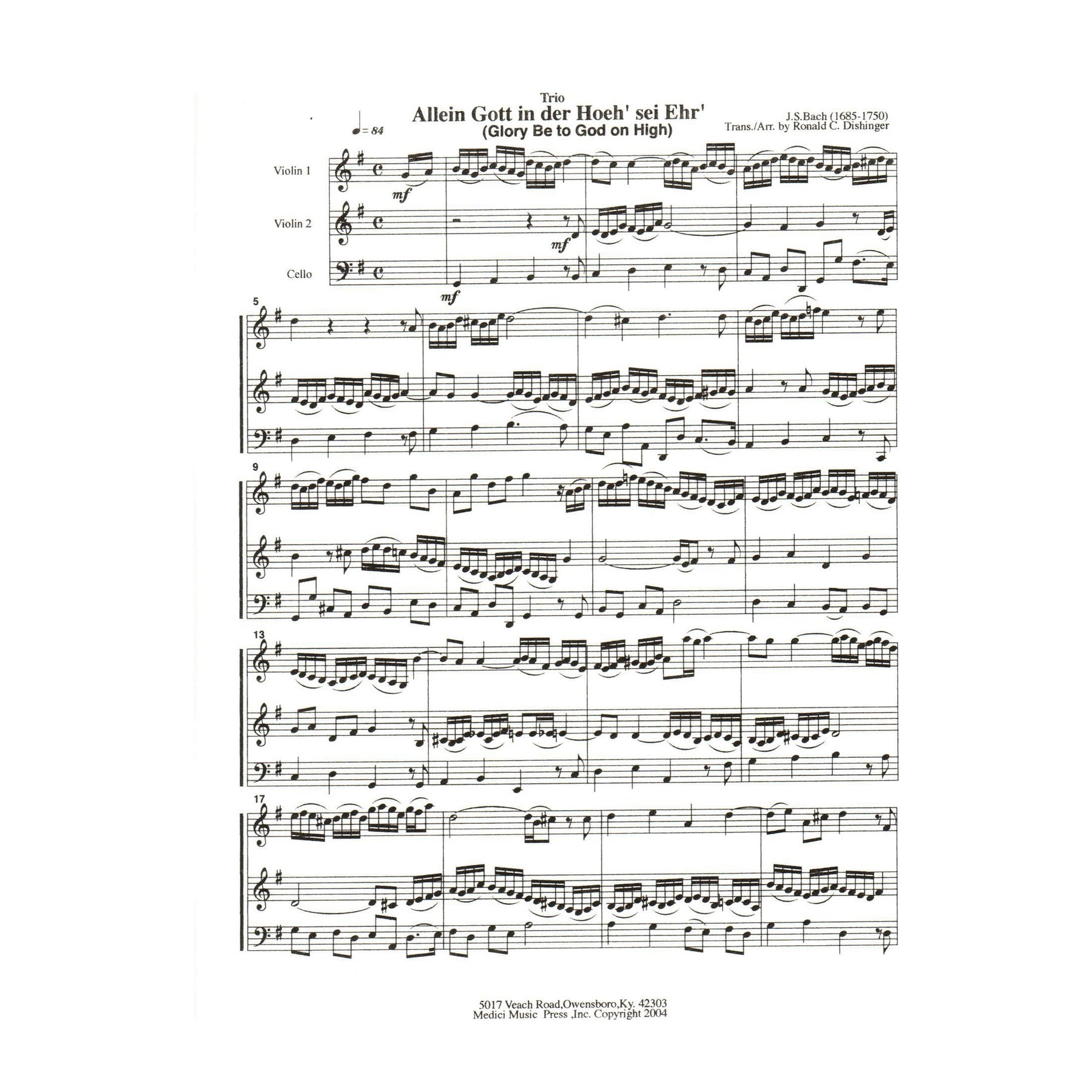 Bach, J.S. - Glory Be to God on High for Two Violins and Cello - Medici Music Press Publication
