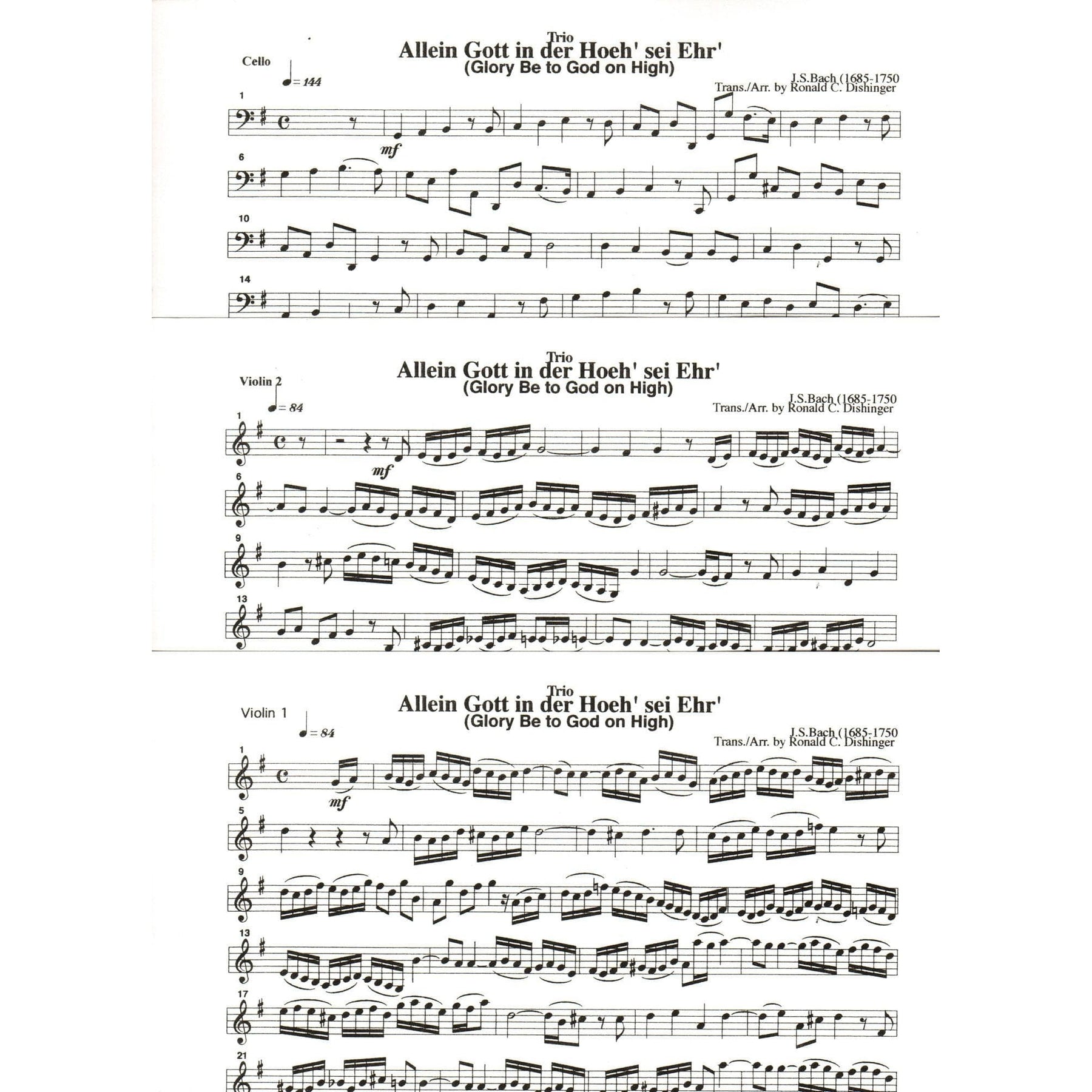 Bach, J.S. - Glory Be to God on High for Two Violins and Cello - Medici Music Press Publication
