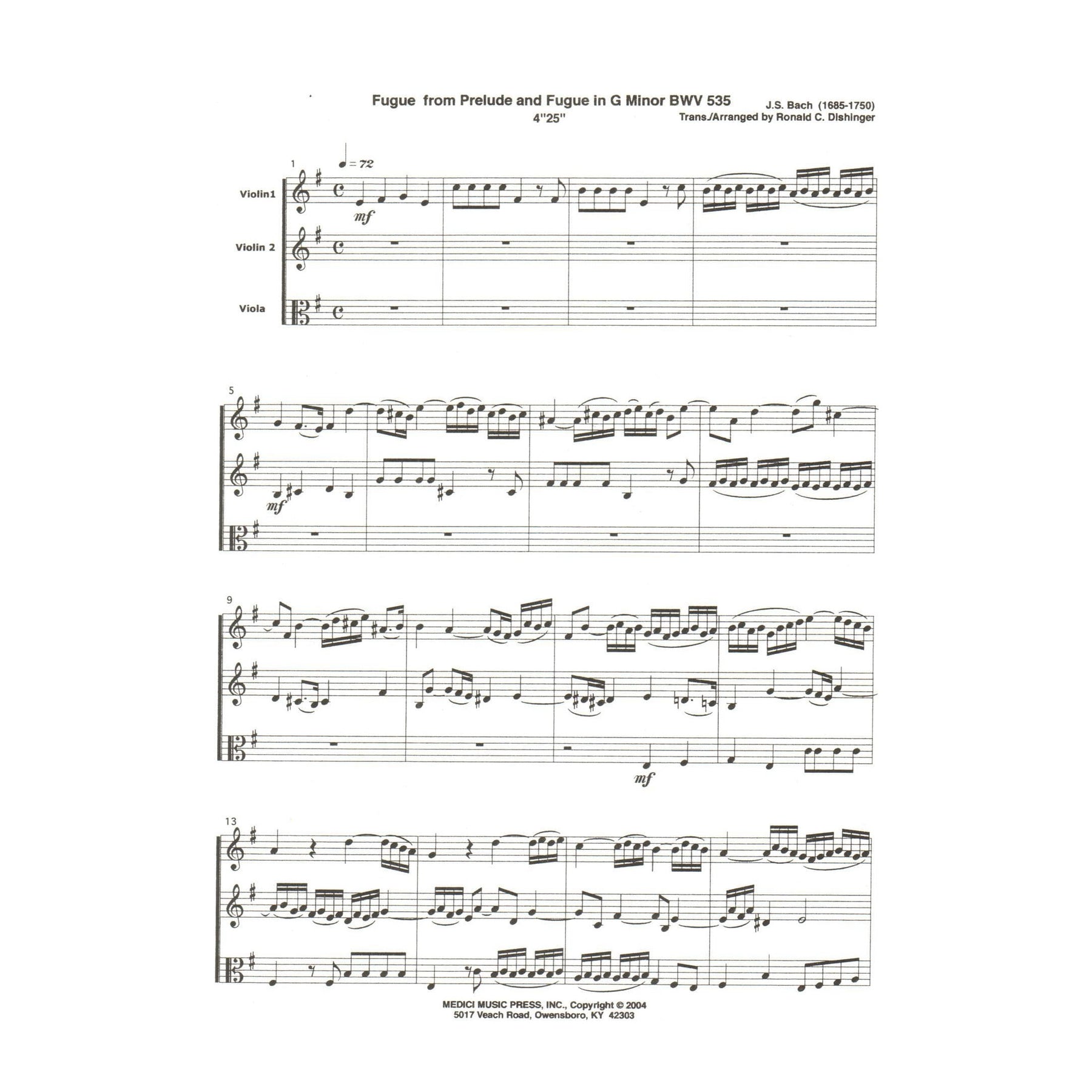 Bach, J.S. - Fugue from Prelude and Fugue (BWV 535) - for Two Violins and Viola - arranged by Dishinger - Medici Music Press