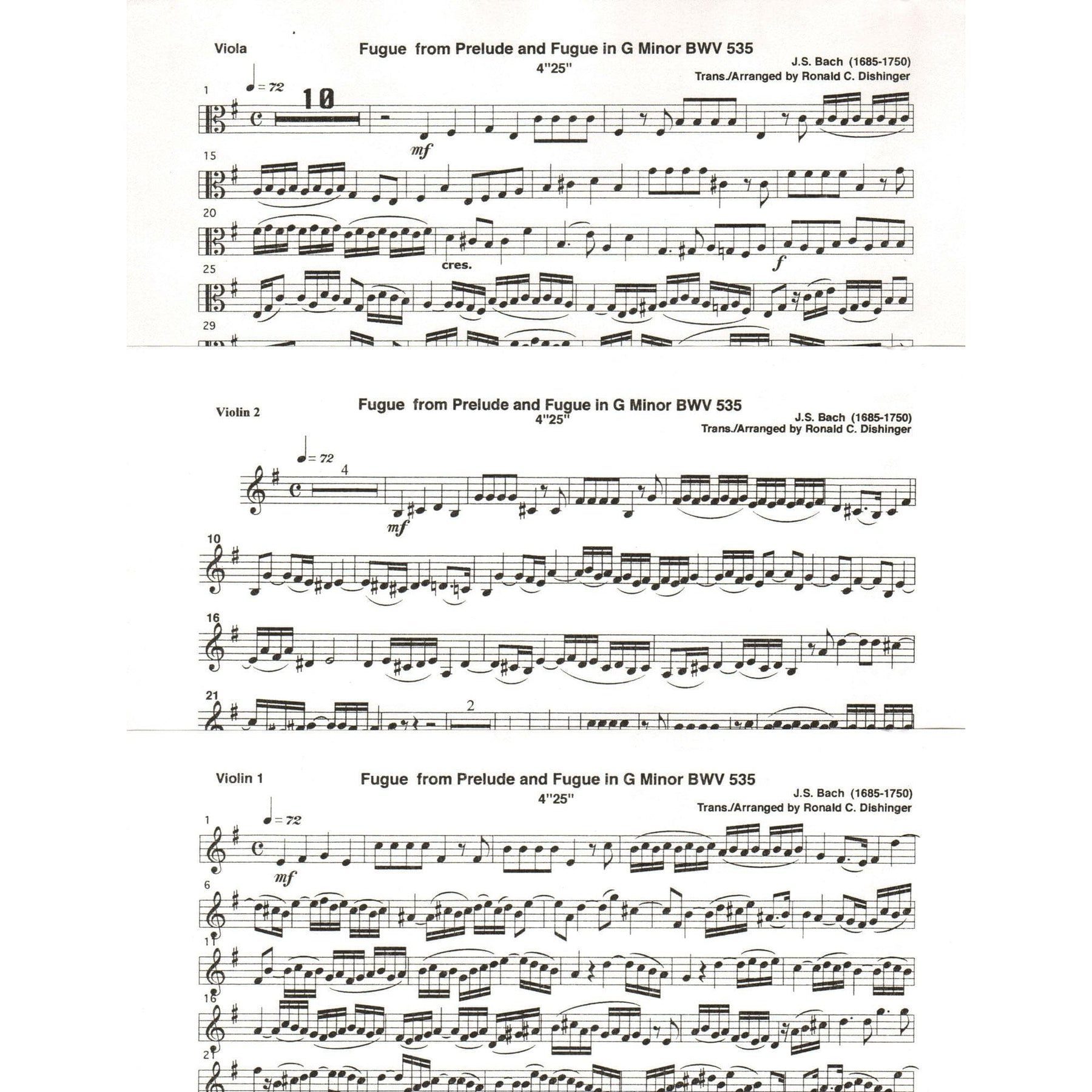 Bach, J.S. - Fugue from Prelude and Fugue (BWV 535) - for Two Violins and Viola - arranged by Dishinger - Medici Music Press