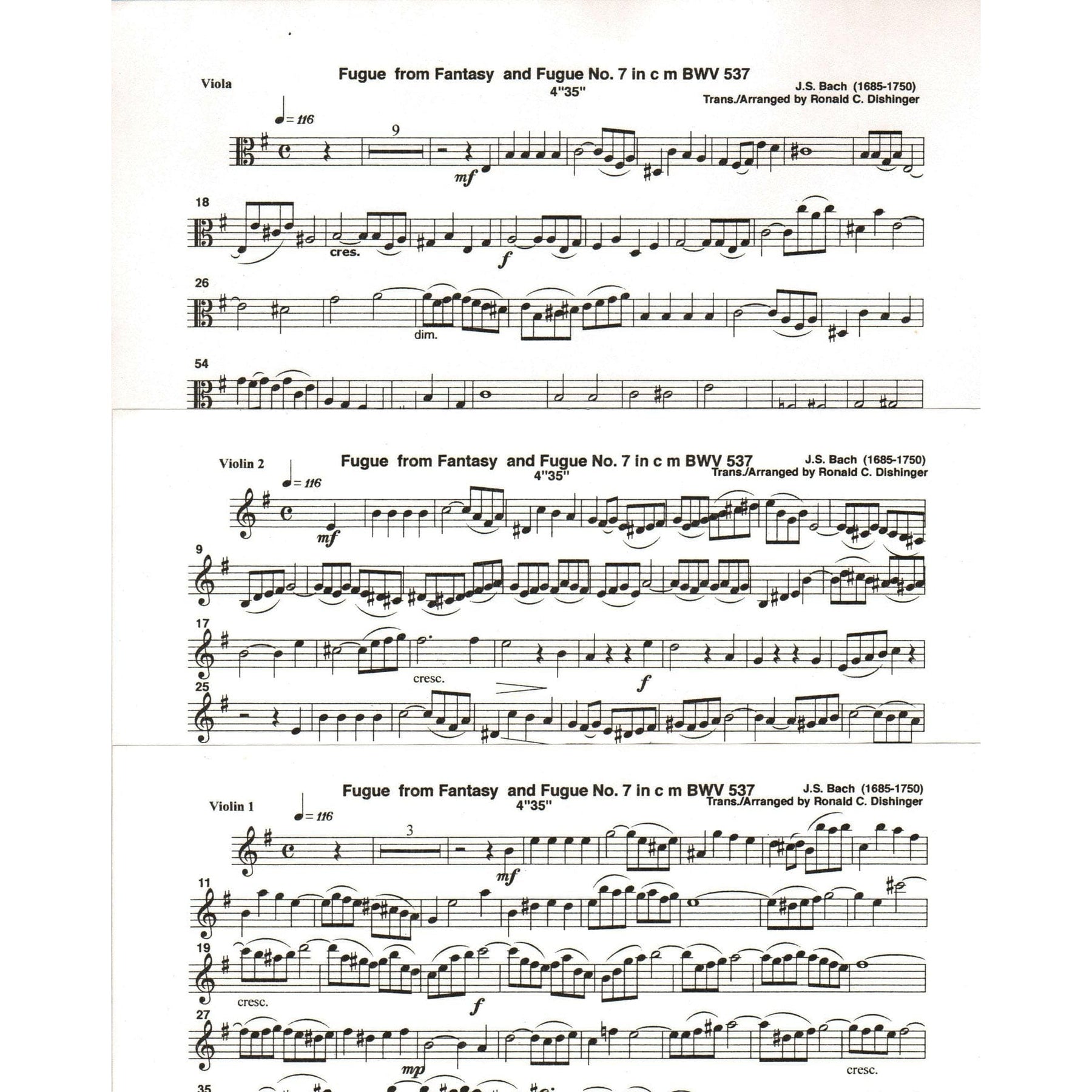 Bach, J.S. - Fugue from Prelude and Fugue (BWV 537) - for Two Violins and Viola - arranged by Dishinger - Medici Music Press