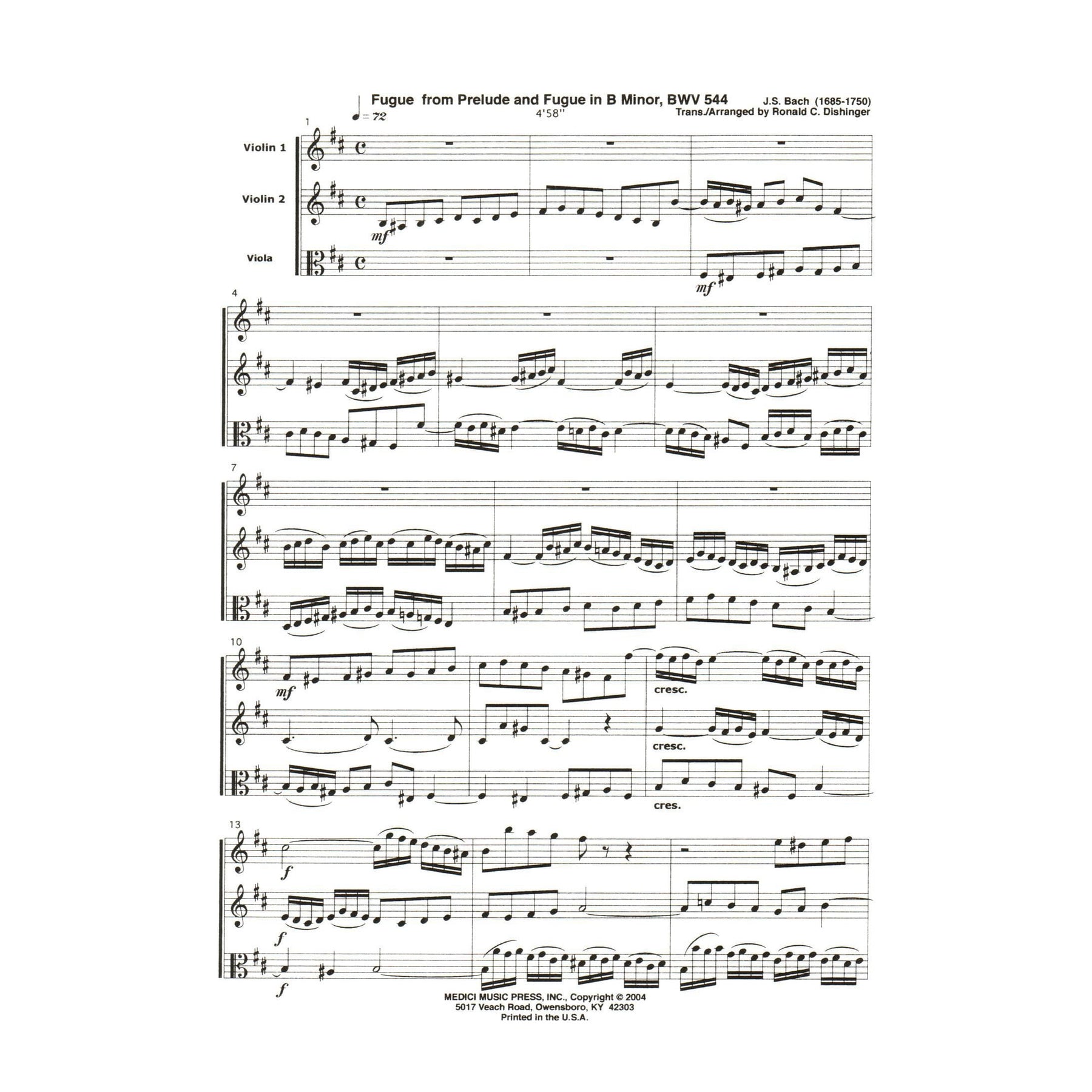 Bach, J.S. - Fugue from Prelude and Fugue in B Minor (BWV 544) - for Two Violins and Viola - arranged by Dishinger - Medici Music Press