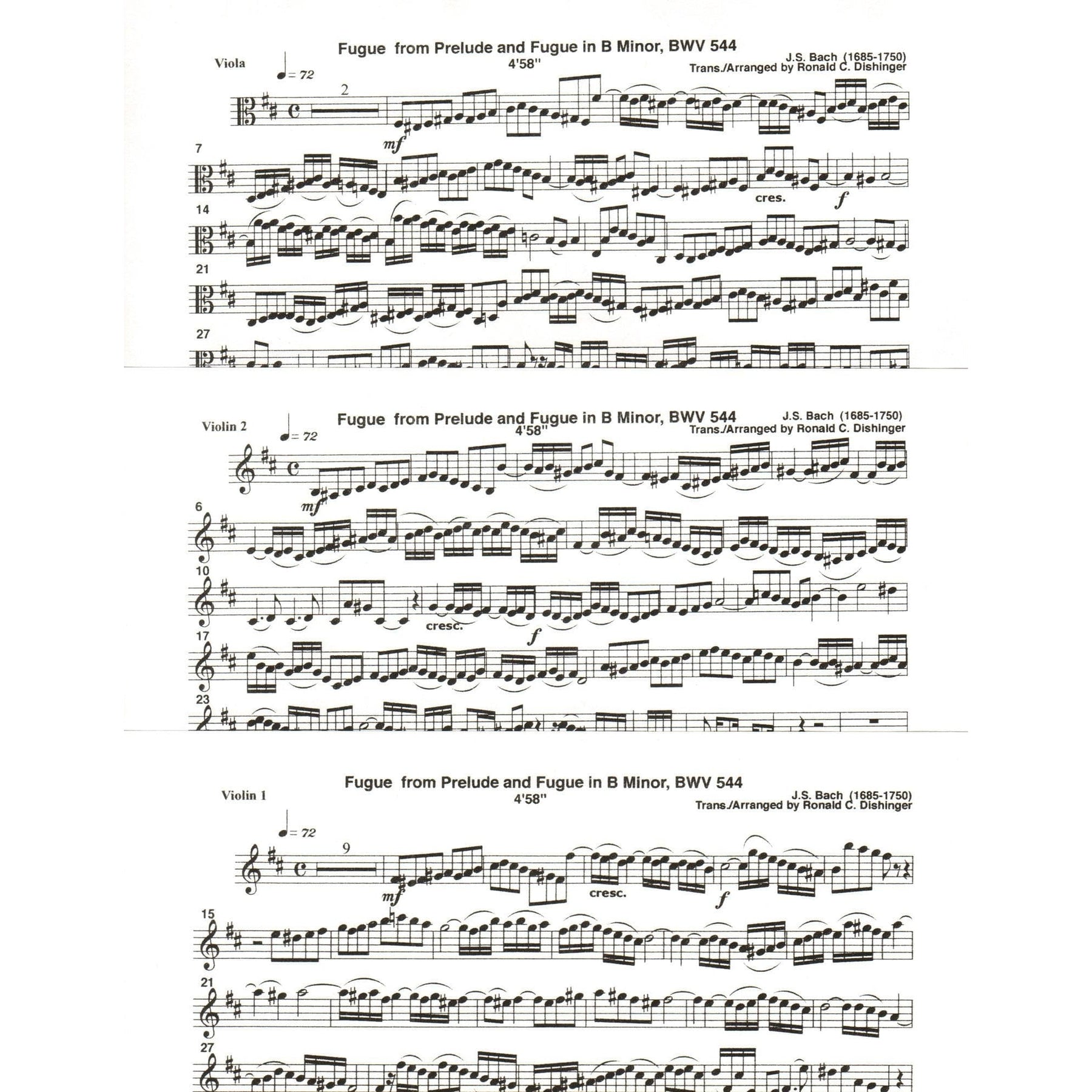 Bach, J.S. - Fugue from Prelude and Fugue in B Minor (BWV 544) - for Two Violins and Viola - arranged by Dishinger - Medici Music Press