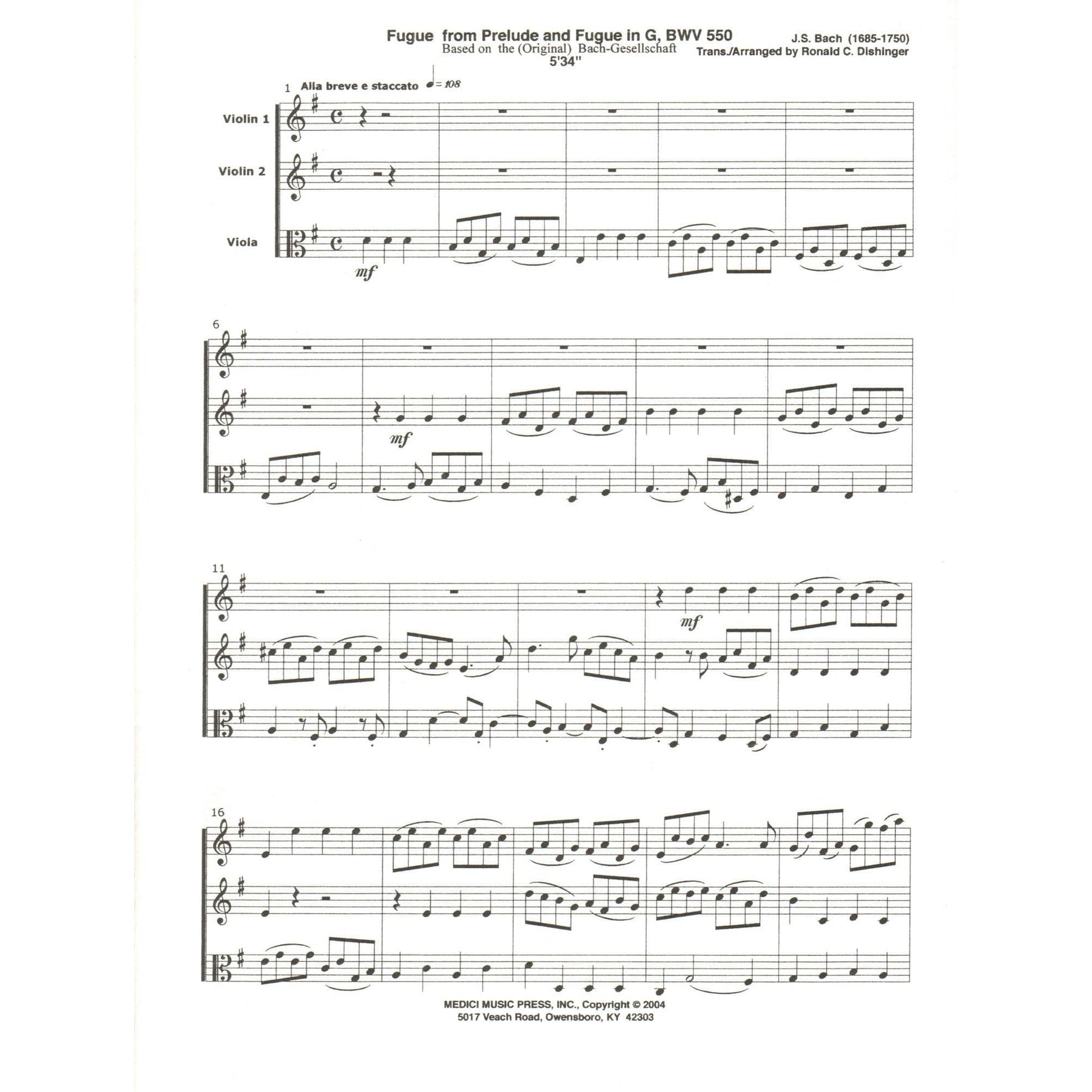 Bach, J.S. - Fugue from Prelude and Fugue in G (BWV 550) - for Two Violins and Viola - arranged by Dishinger - Medici Music Press
