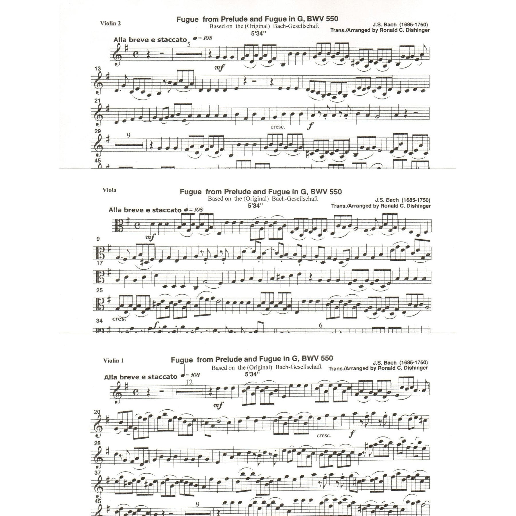 Bach, J.S. - Fugue from Prelude and Fugue in G (BWV 550) - for Two Violins and Viola - arranged by Dishinger - Medici Music Press