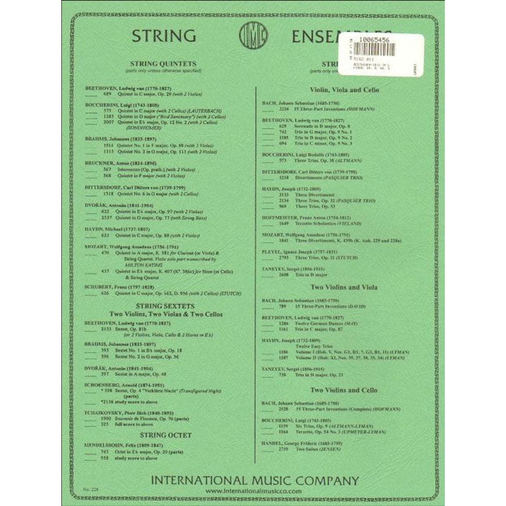 Beethoven, Ludwig - Trio In c minor Op 9 No 3 for Violin, Viola and Cello - International Edition