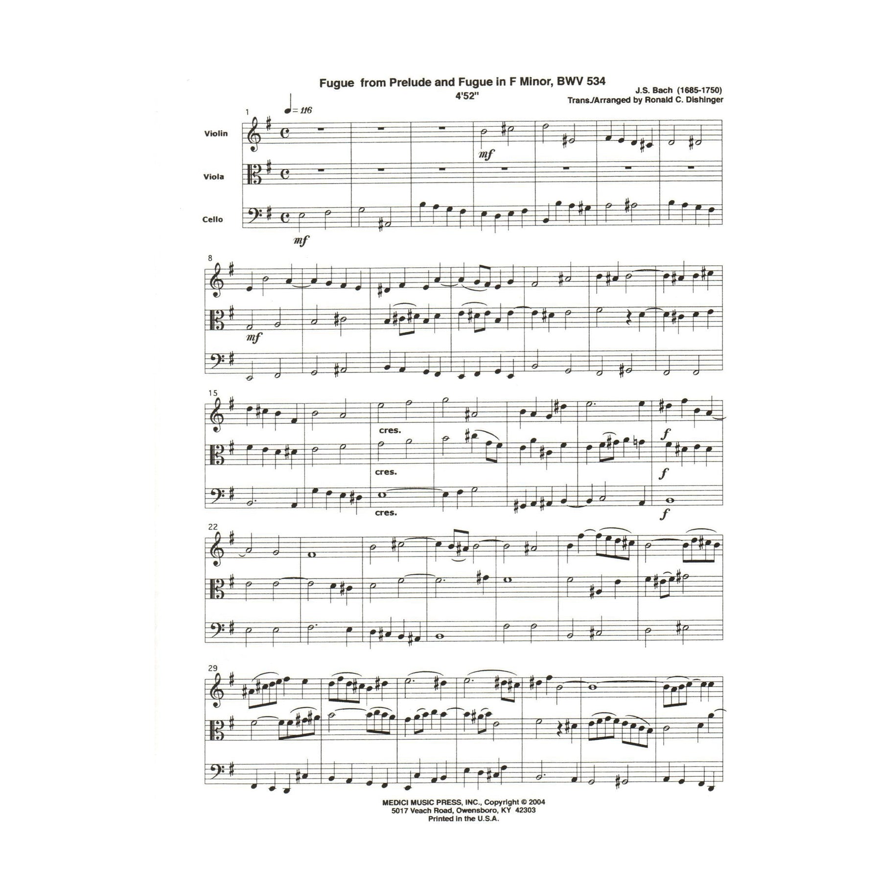 Bach, J.S. - Fugue from Prelude and Fugue (BWV 534) - for String Trio - arranged by Dishinger - Medici Music Press
