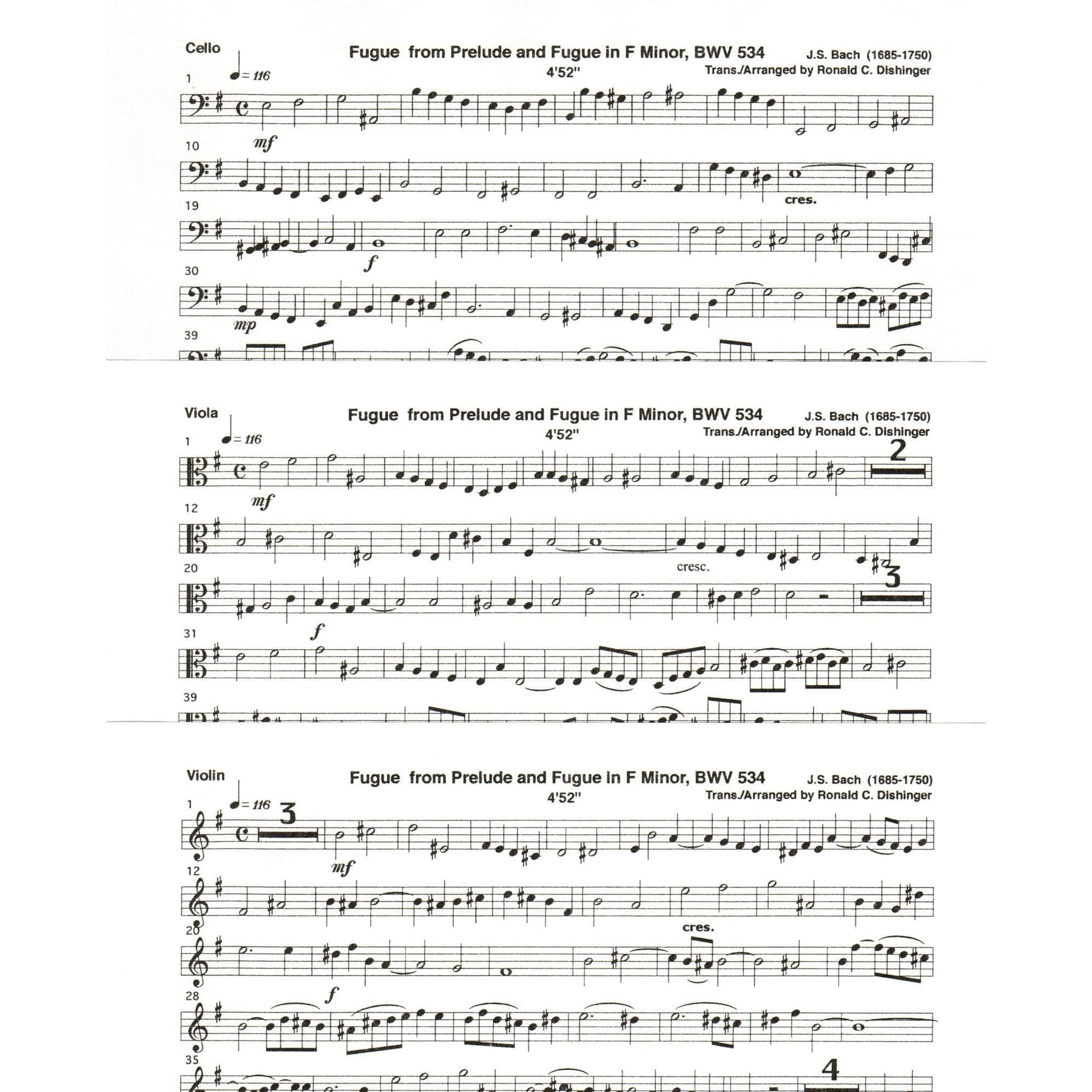 Bach, J.S. - Fugue from Prelude and Fugue (BWV 534) - for String Trio - arranged by Dishinger - Medici Music Press