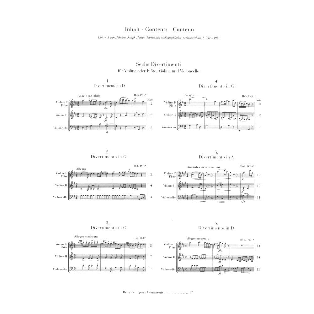 Haydn, Franz Joseph - Six Divertimenti, Hob VI:6-11 - Flute (or Violin), Violin, and Cello - G Henle Verlag URTEXT