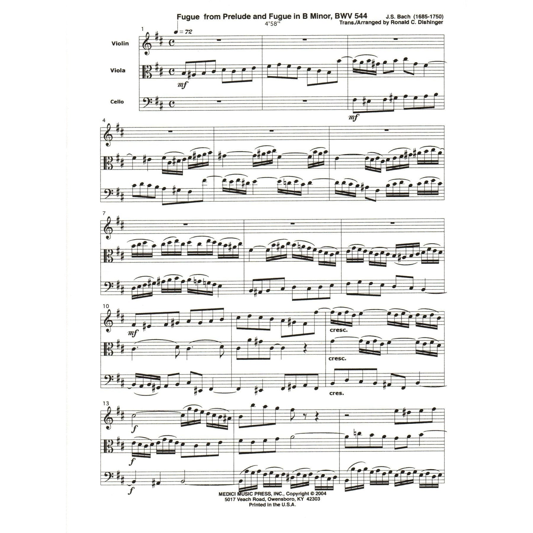 Bach, J.S. - Fugue from Prelude and Fugue in B Minor (BWV 544) - for String Trio - arranged by Dishinger - Medici Music Press