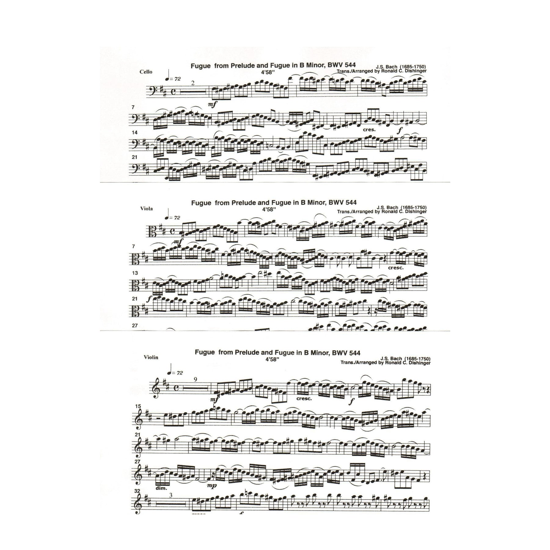 Bach, J.S. - Fugue from Prelude and Fugue in B Minor (BWV 544) - for String Trio - arranged by Dishinger - Medici Music Press