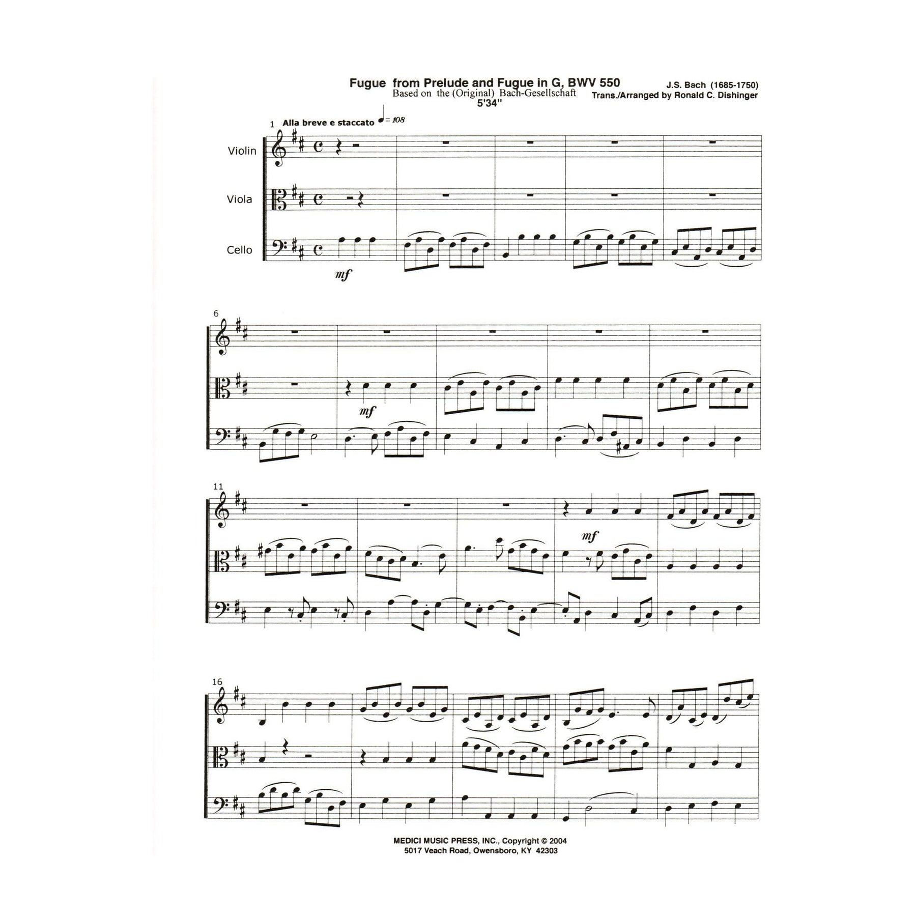 Bach, J.S. - Fugue from Prelude and Fugue in G (BWV 550) - for String Trio - arranged by Dishinger - Medici Music Press
