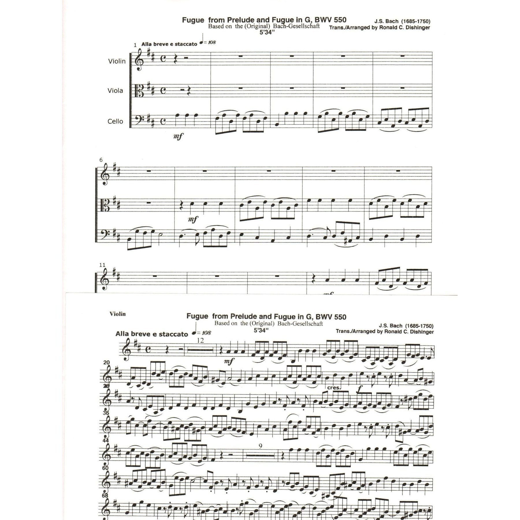 Bach, J.S. - Fugue from Prelude and Fugue in G (BWV 550) - for String Trio - arranged by Dishinger - Medici Music Press