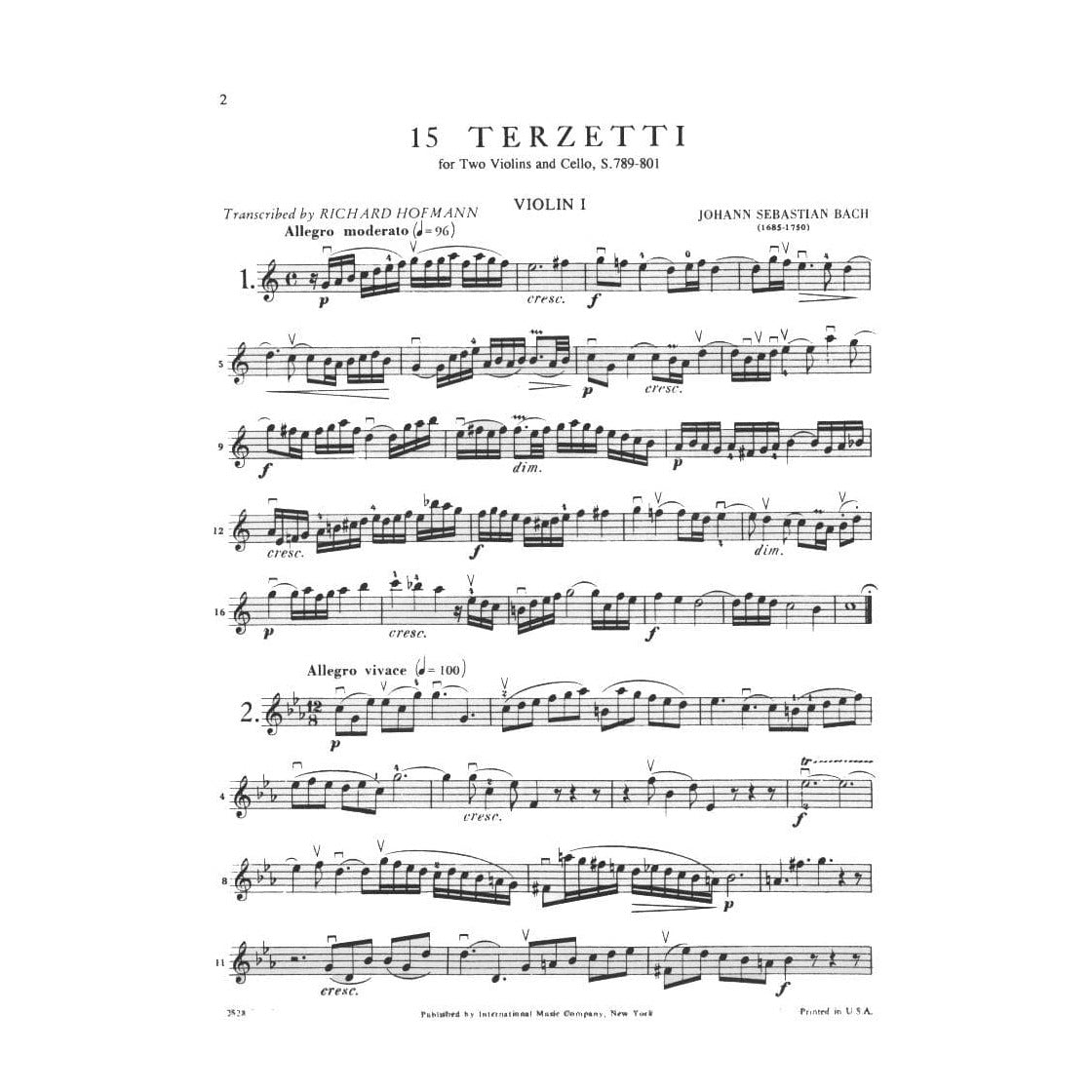 Bach, JS - 15 Three Part Inventions BWV 787801 for Two Violins and Cello - Arranged by Hofmann - International Edition