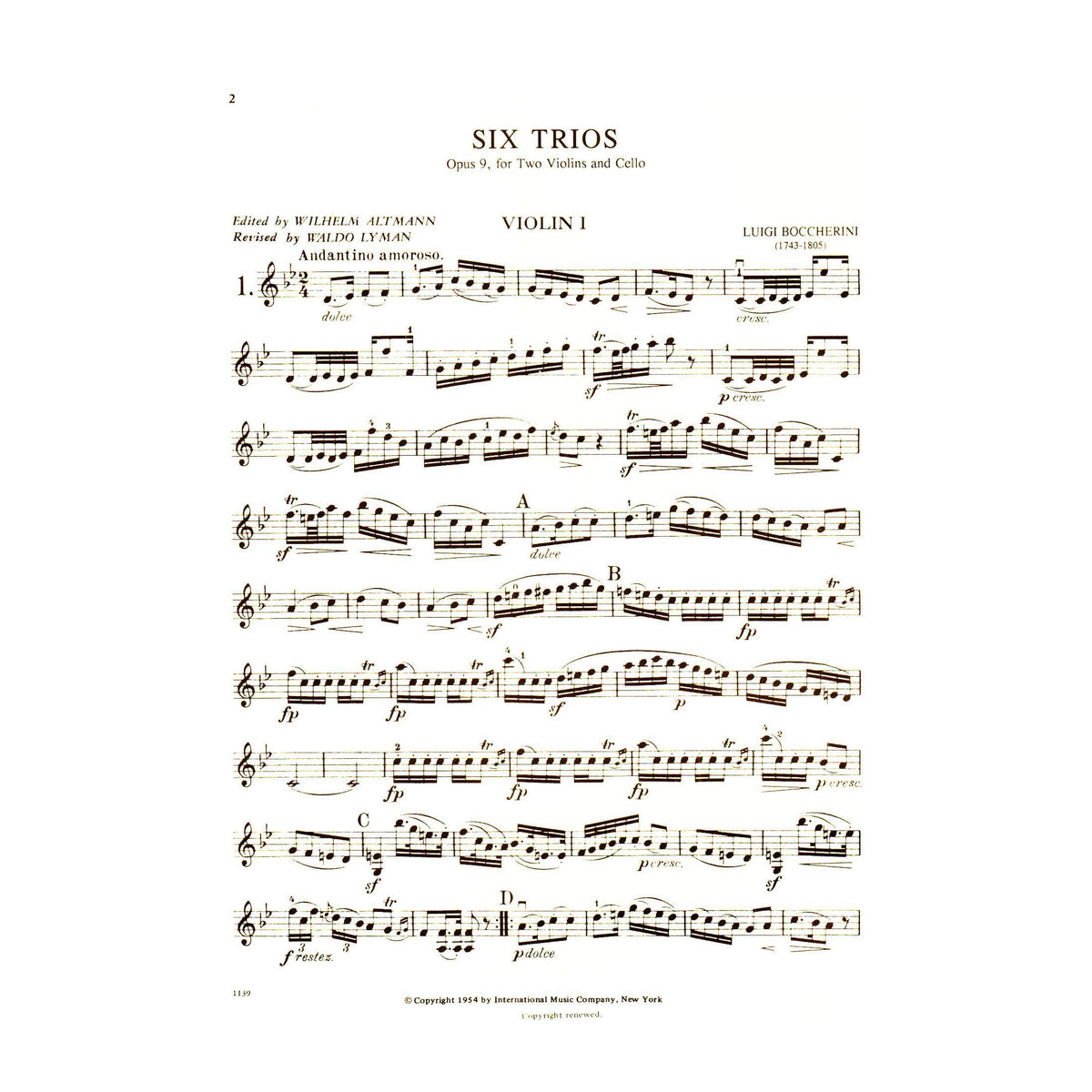 Boccherini, Luigi - 6 Trios Op 9 G 89-94 for Two Violins and Cello - Arranged by Altmann-Lyman - International Edition