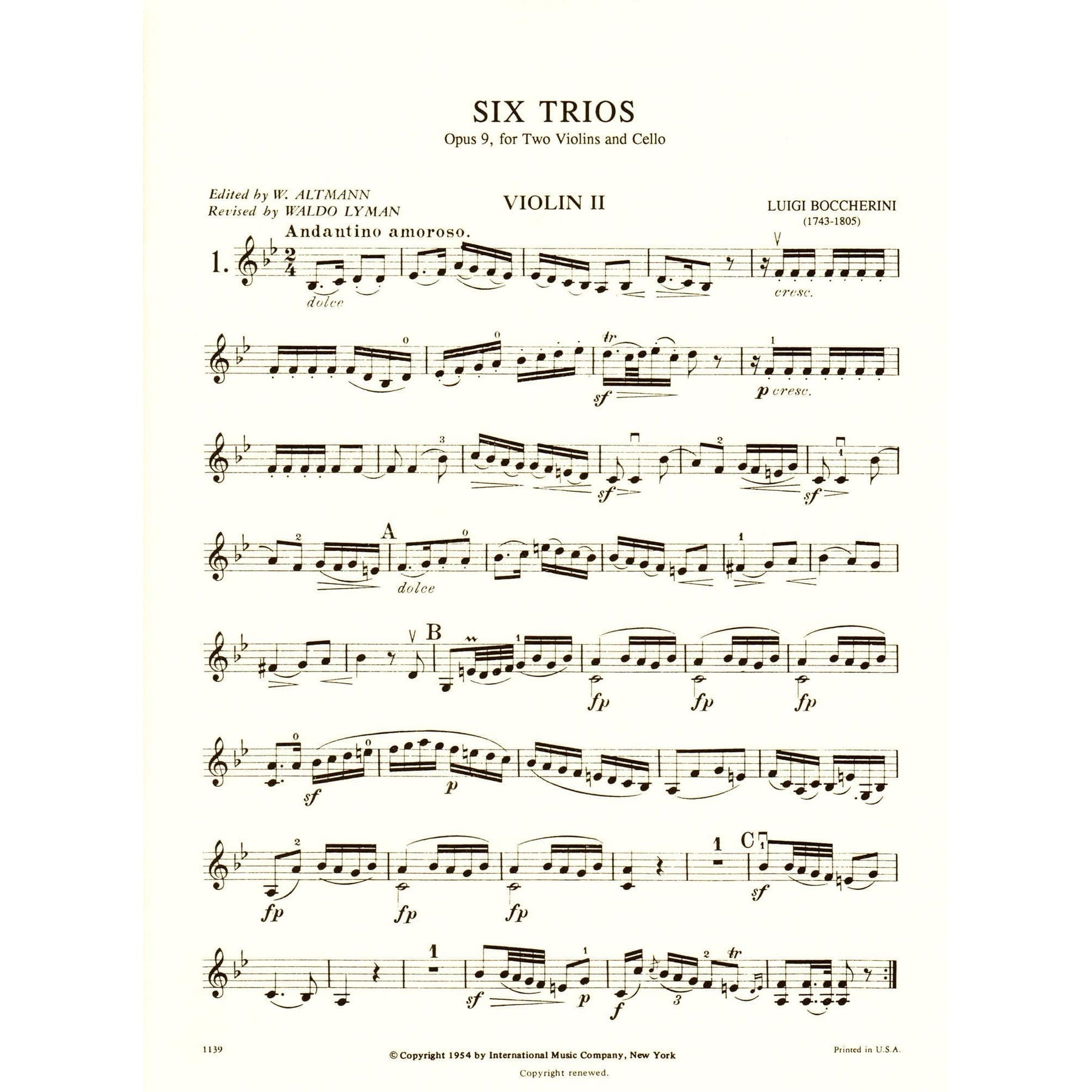 Boccherini, Luigi - 6 Trios Op 9 G 89-94 for Two Violins and Cello - Arranged by Altmann-Lyman - International Edition