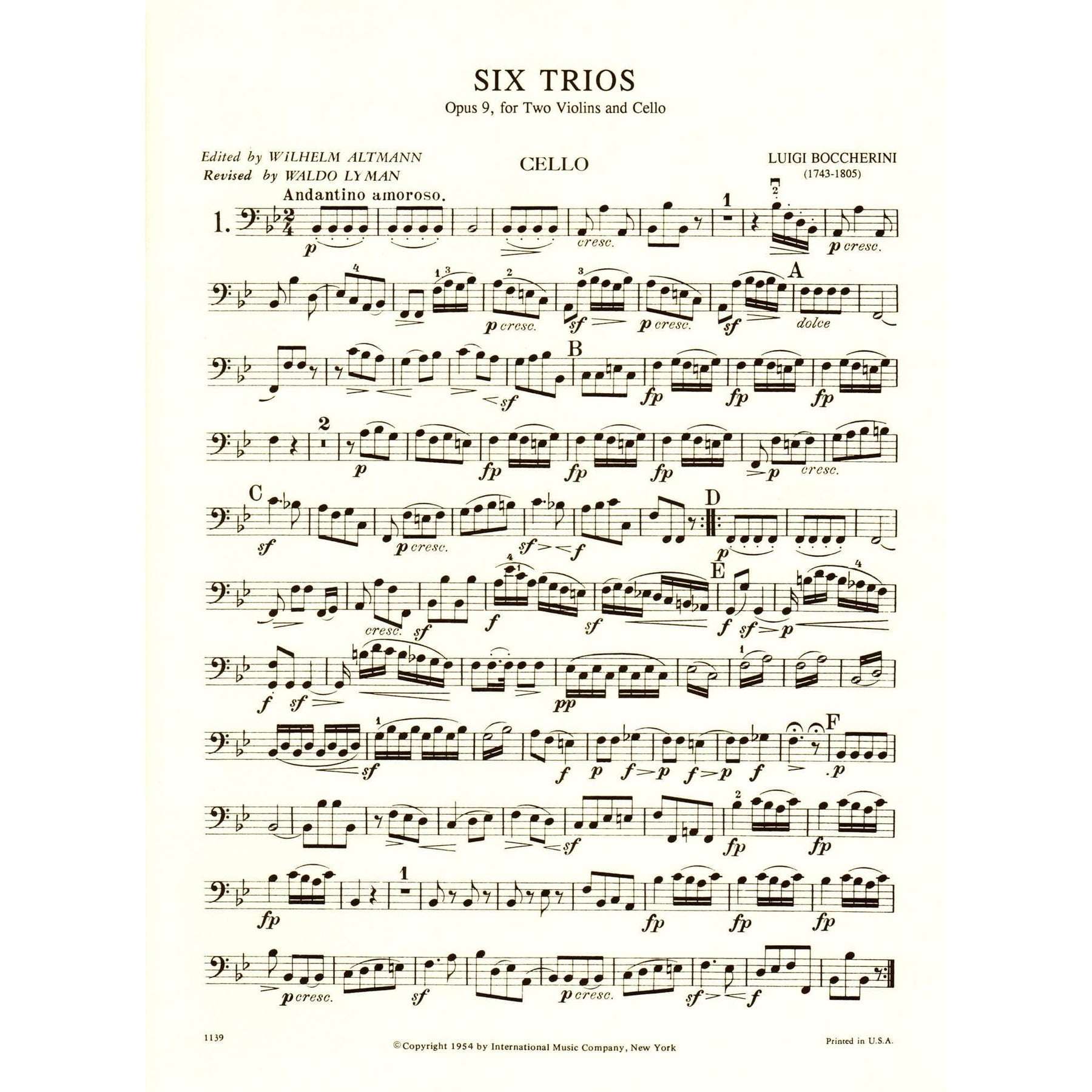 Boccherini, Luigi - 6 Trios Op 9 G 89-94 for Two Violins and Cello - Arranged by Altmann-Lyman - International Edition